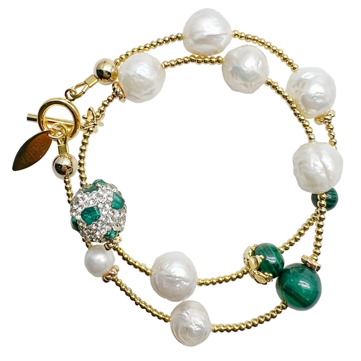 Women’s Green Freshwater Pearls With Round Malachite Double Wrapped Beading Bracelet Farra