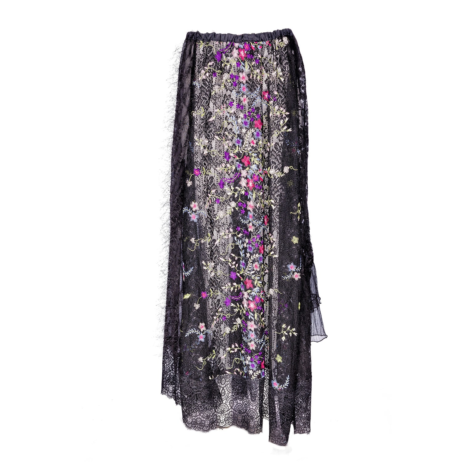 Harlow Loves Daisy Women's Chapel - Black Maxi Skirt With Embroidered Floral And Sparkle Lace And Fringe With Frills In Black