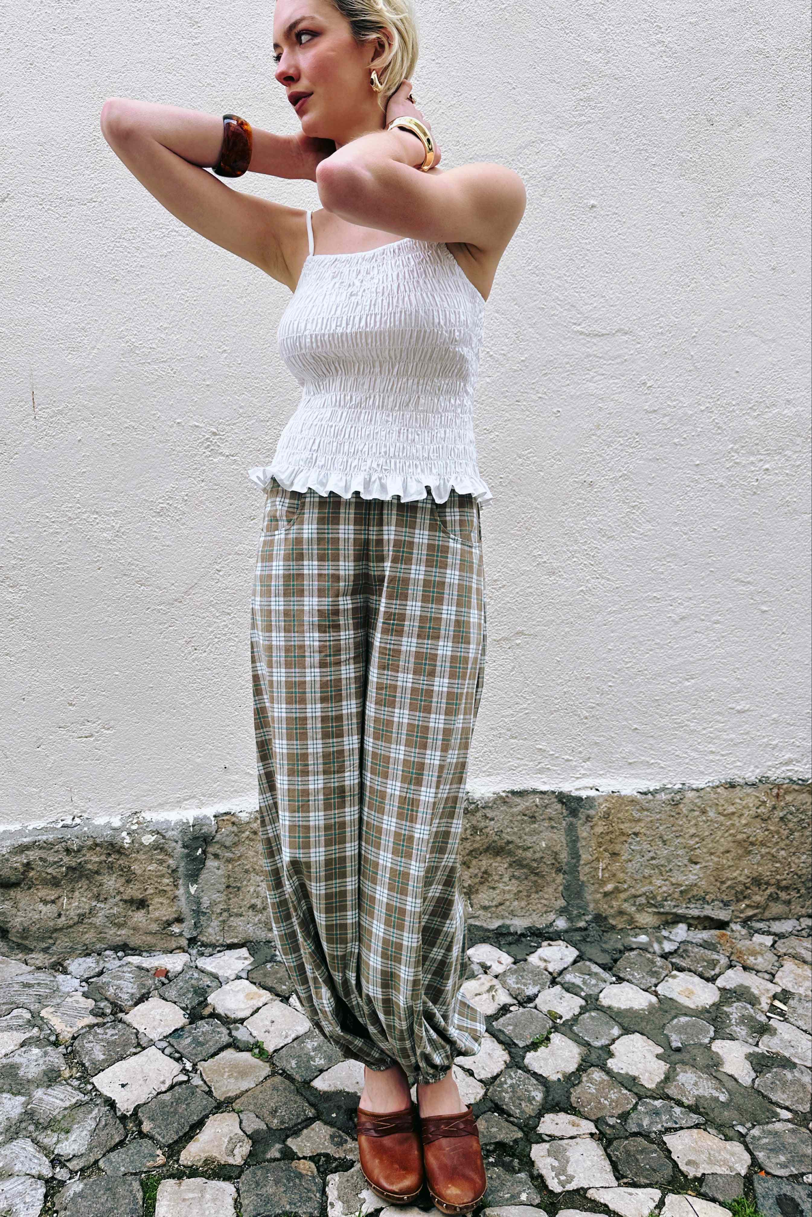 Esme Green Check Cotton Balloon Trousers | AMY LYNN | Wolf & Badger