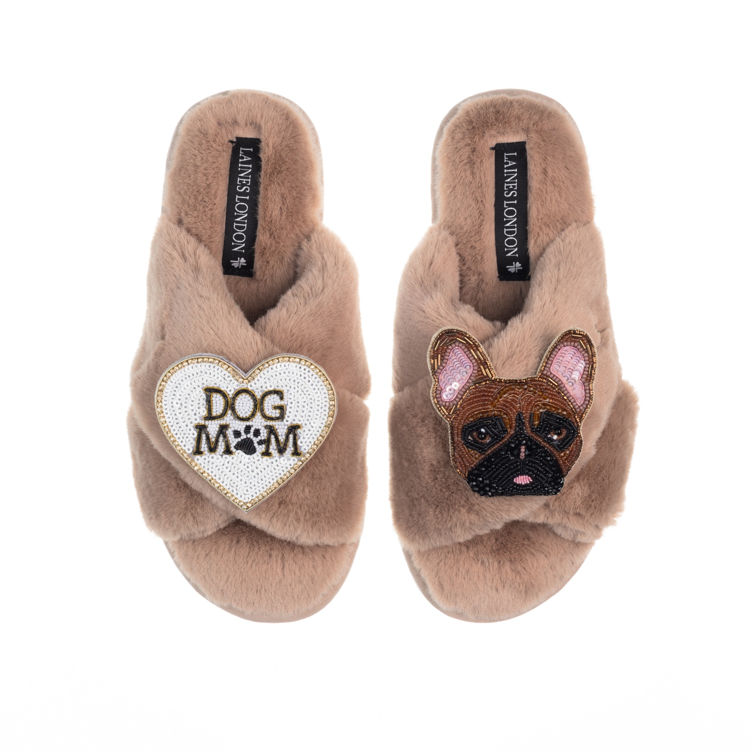 Laines London Women's Brown Classic Laines Slippers With Cookie The Frenchie & Dog Mum / Mom Brooches - Toffee In Brown