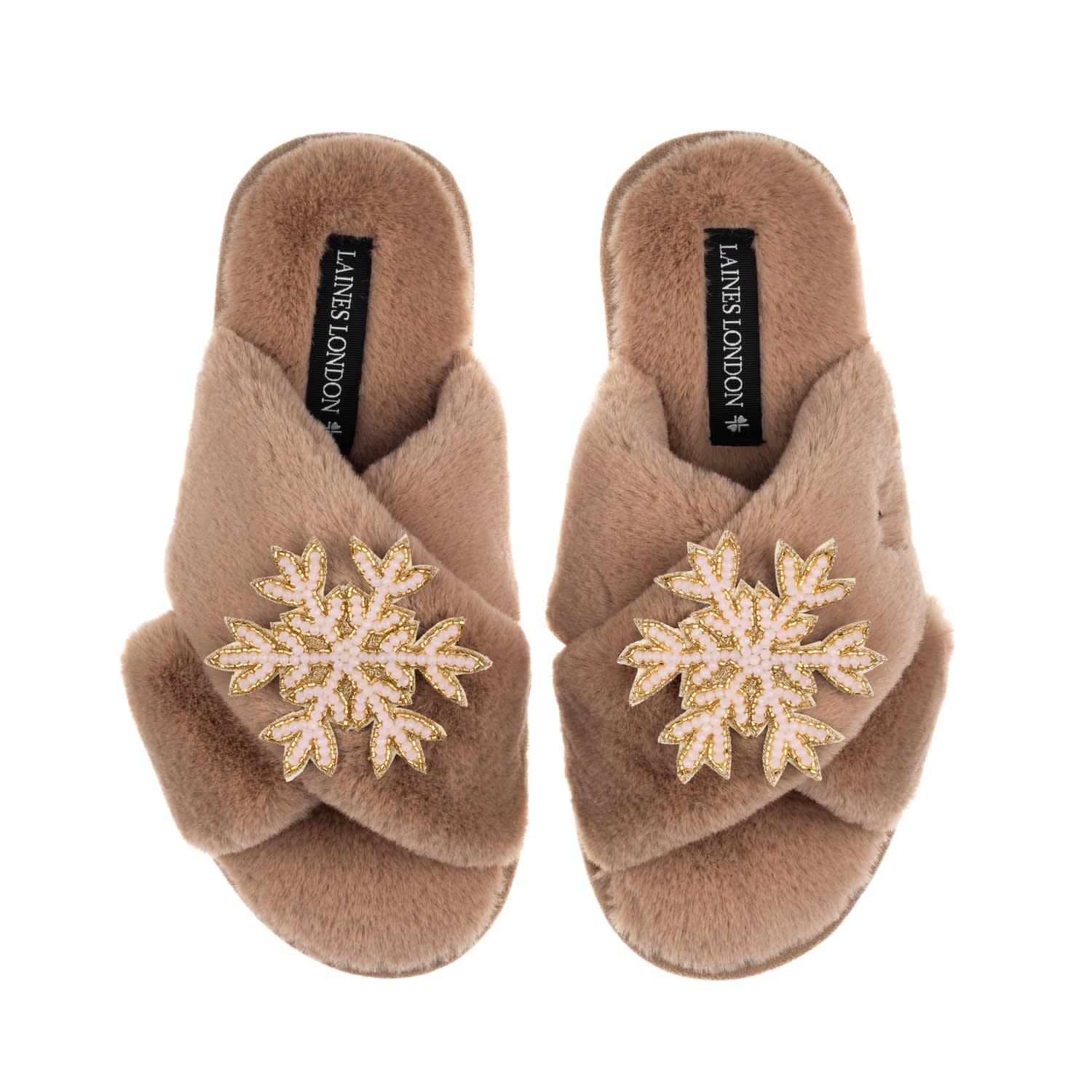 Laines London Women's Brown / Neutrals Classic Laines Christmas Collection Slippers With Double Pink Snowflake Bro In Brown