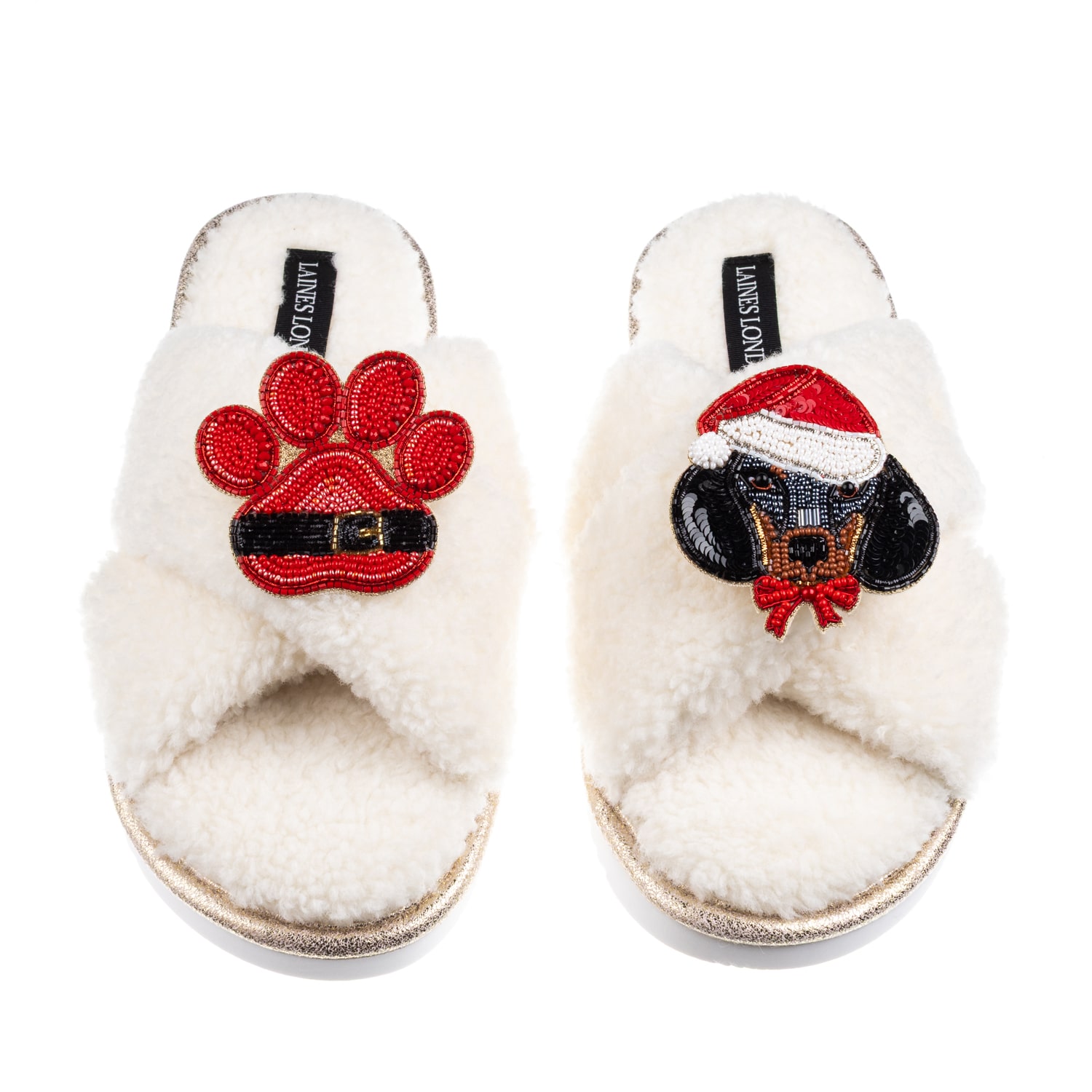 Laines London Women's Neutrals / White Laines Boucle Slippers With Christmas Dachshund & Paw Brooches - Cream In White