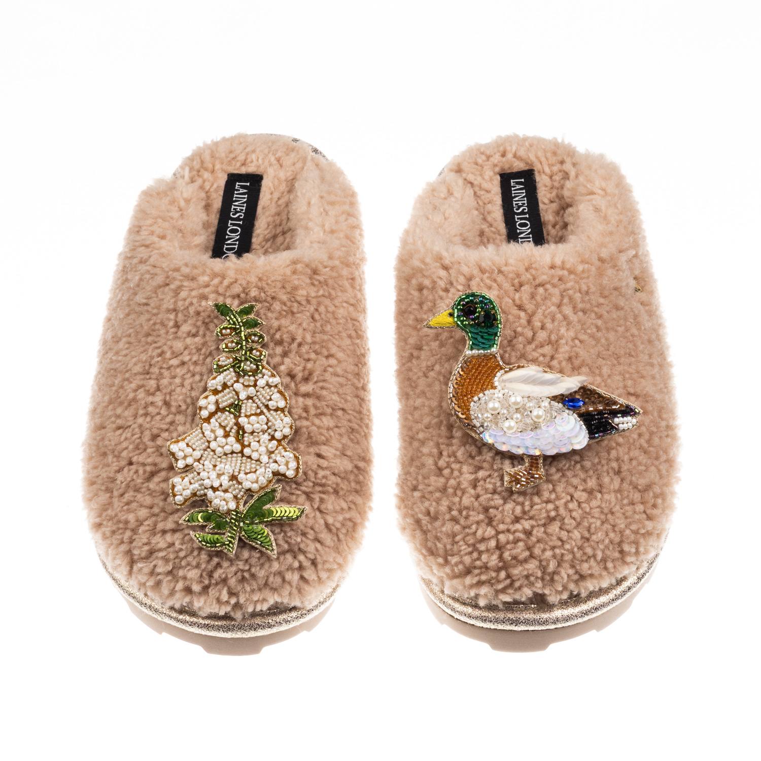 Laines London Women's Brown / Neutrals Teddy Closed Toe Slippers With Duck & White Foxglove Brooches - Toffee In Brown