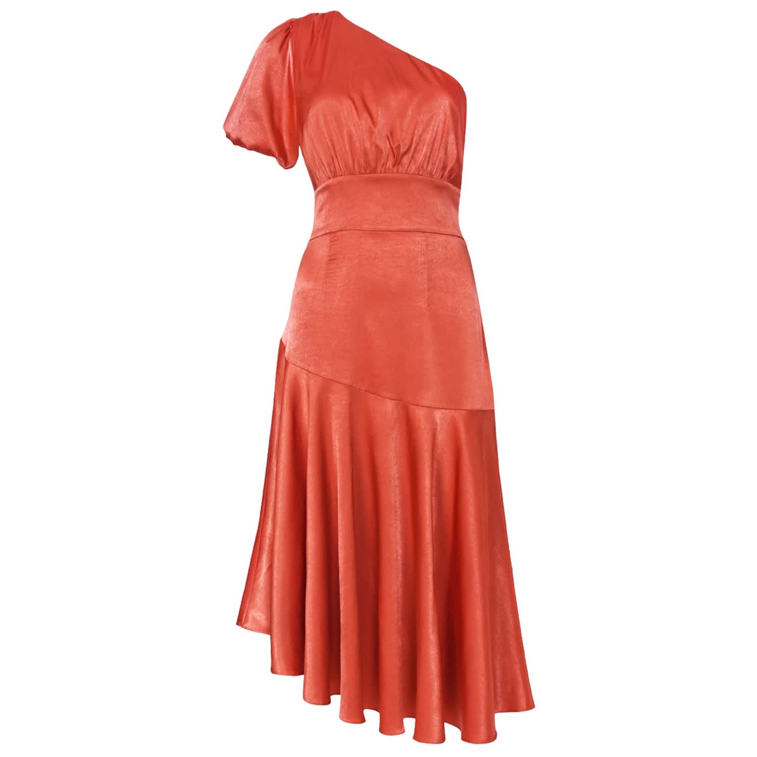 one shoulder satin midi dress