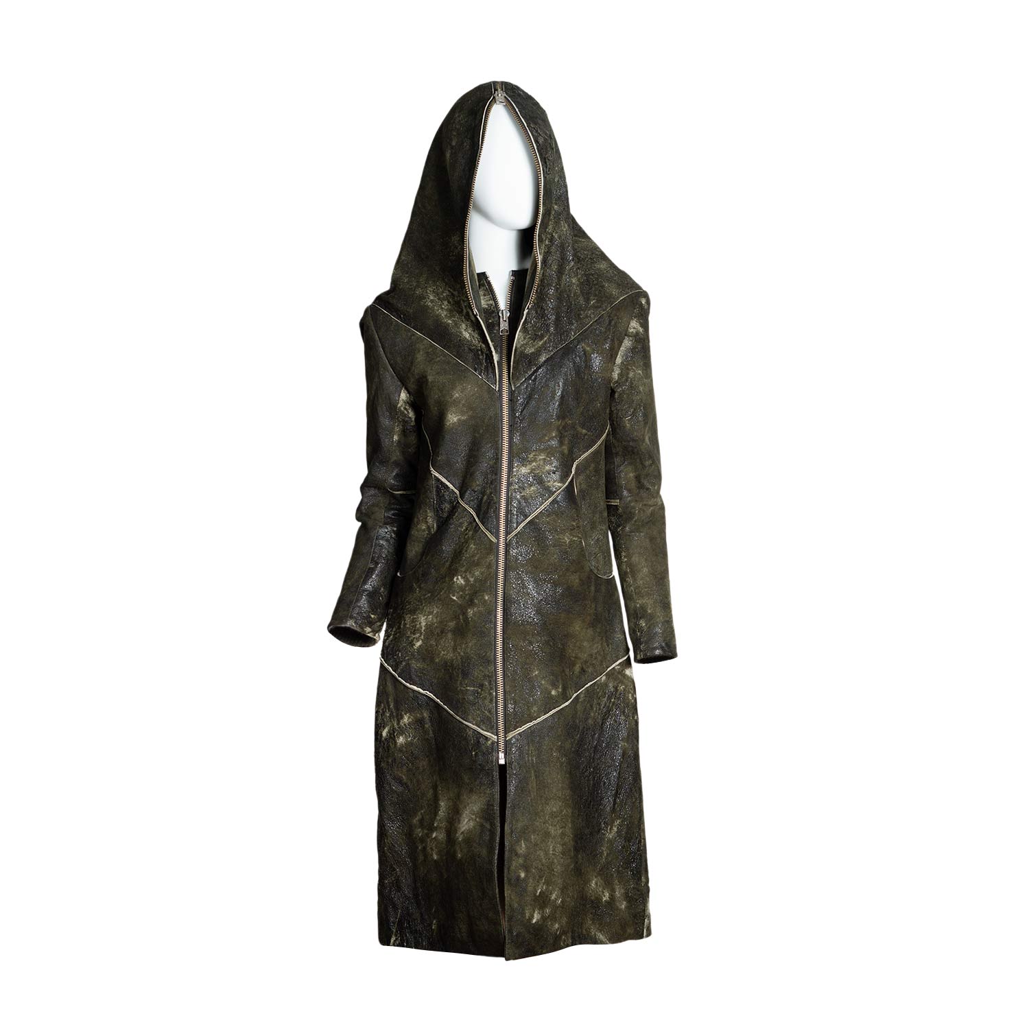 Zasta Studio Men's Green The Knight Italian Leather Long Coat Jacket With Hoodie