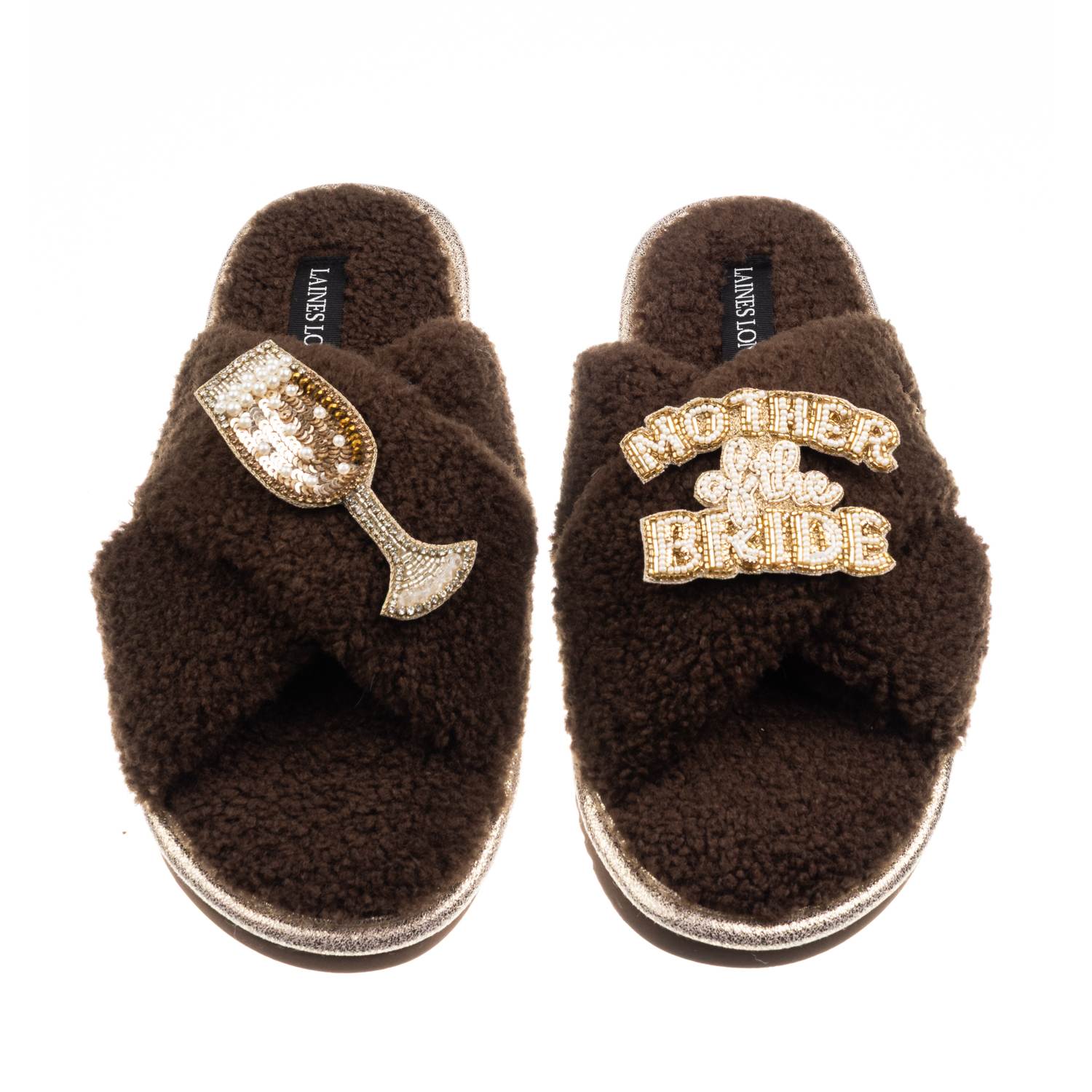 Laines London Women's Brown / Neutrals Laines Neutral Boucle Slippers With Mother Of The Bride Brooches - Chocolat In Brown