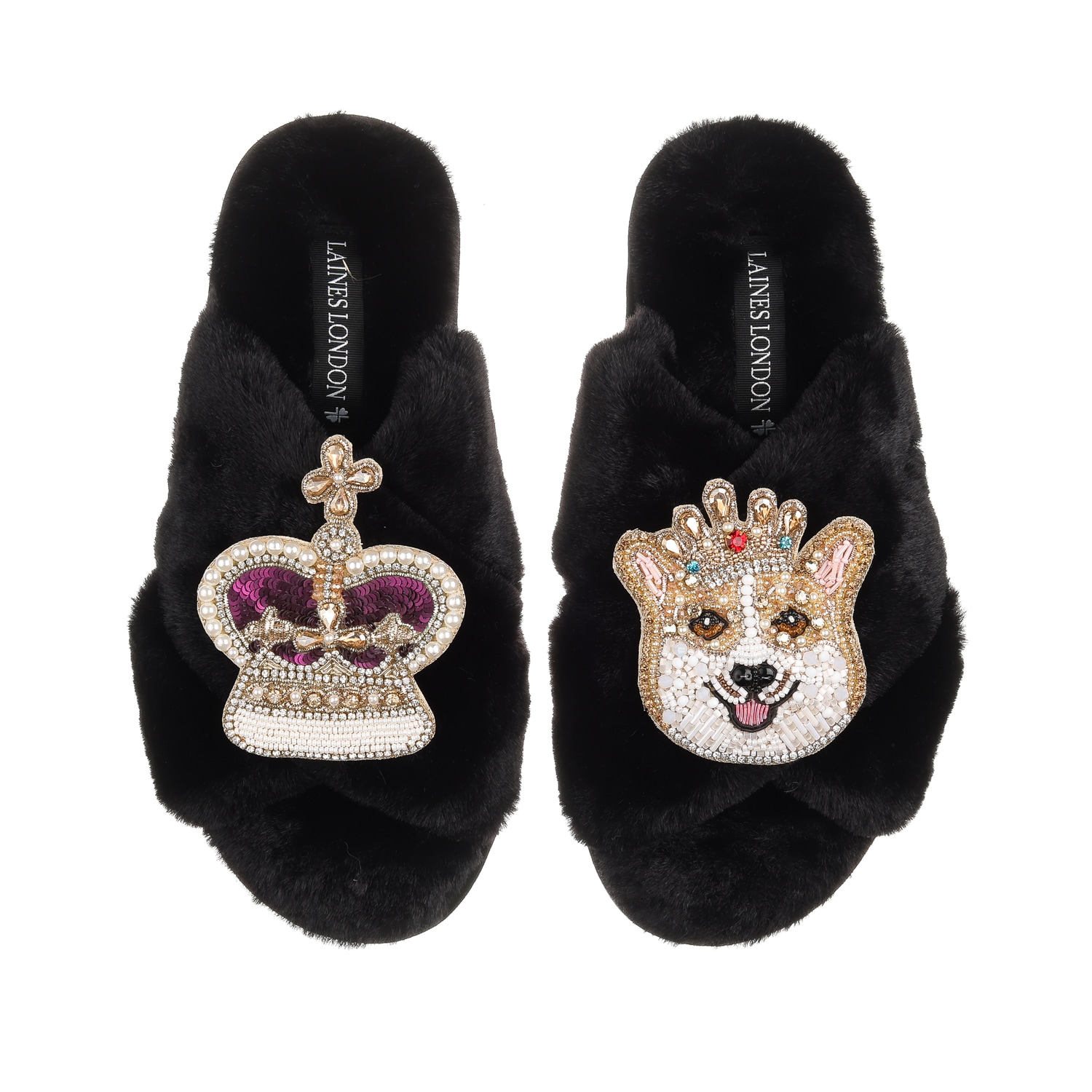 Women’s Classic Laines Slippers With Artisan Sandy The Corgi & Royal Crown Brooches - Black Large Laines London