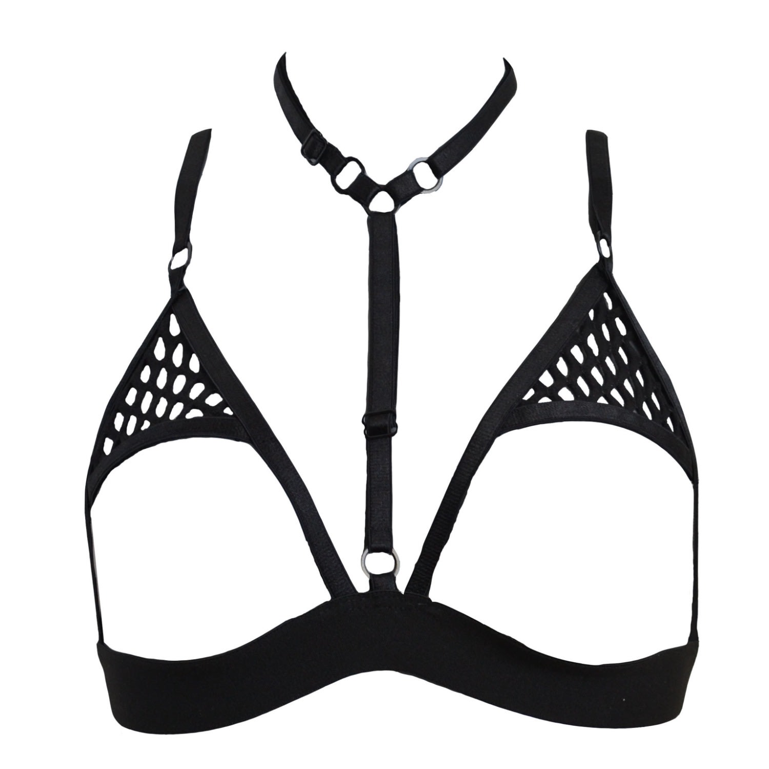 Women’s Black Fishnet Harness Bralette Large Hidden Beneath