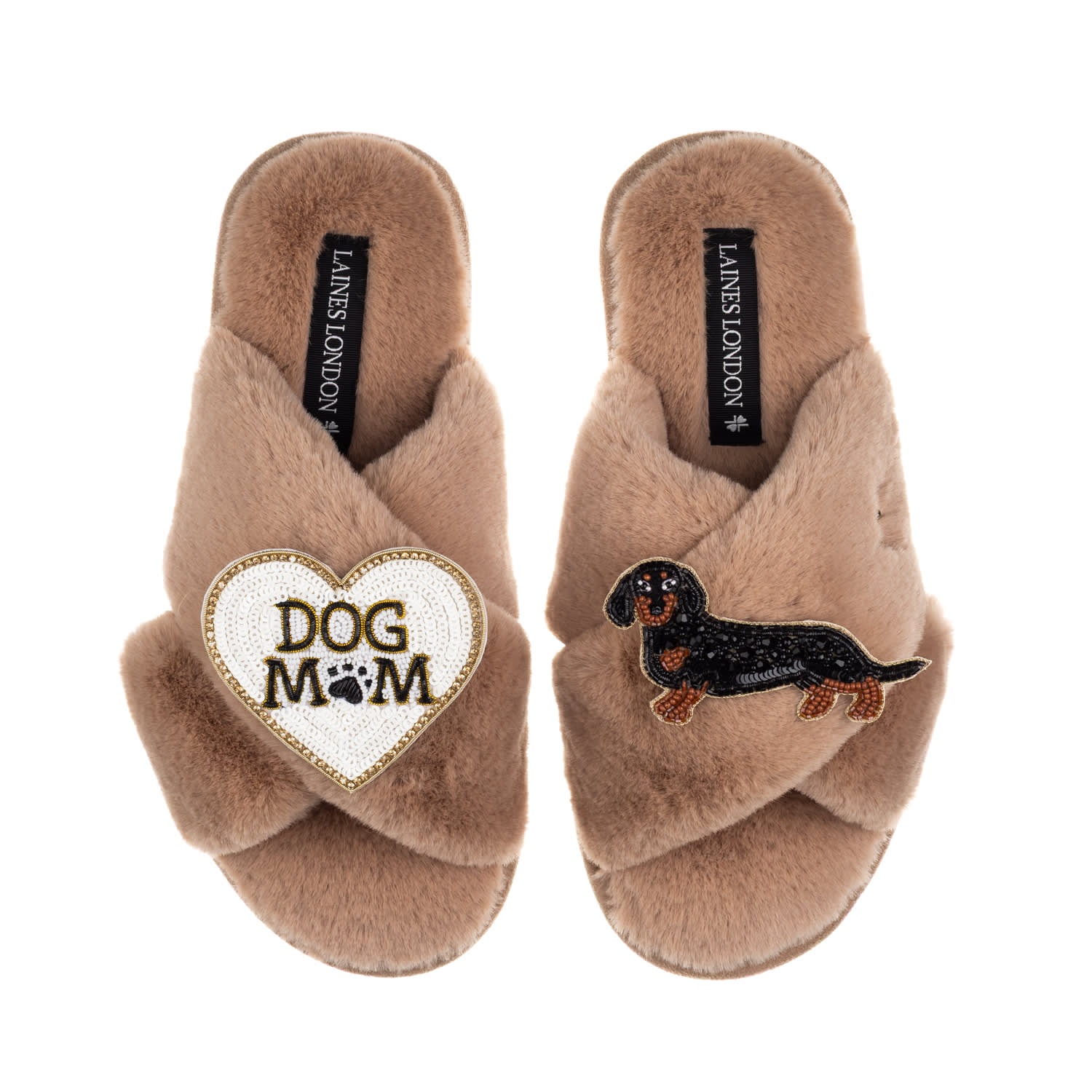 Laines London Women's Brown / Neutrals Classic Laines Slippers With Dog Mum/mom & Black & Tan Dachshund Brooches - In Brown