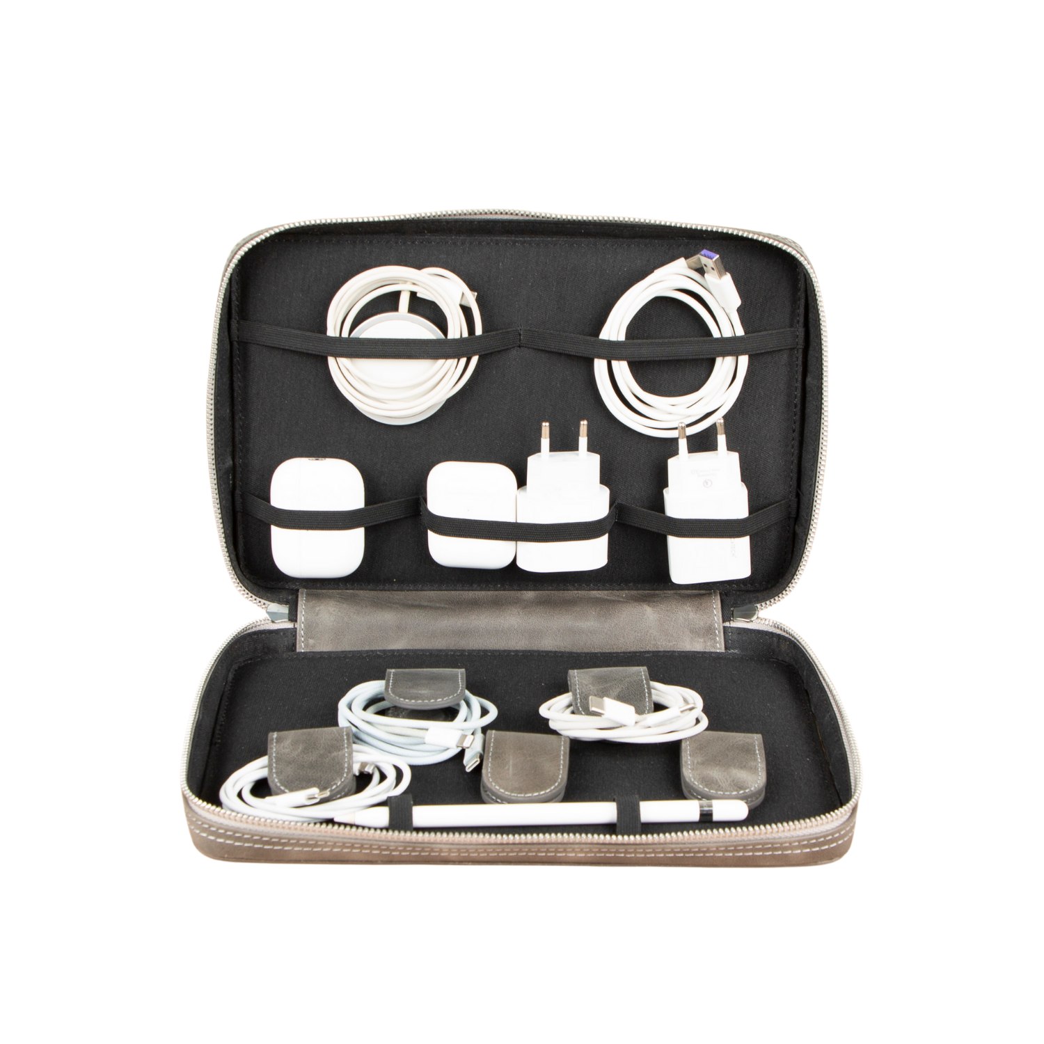 Leathere Grey Leather Tech Organizer Case - Light Gray - Oslo
