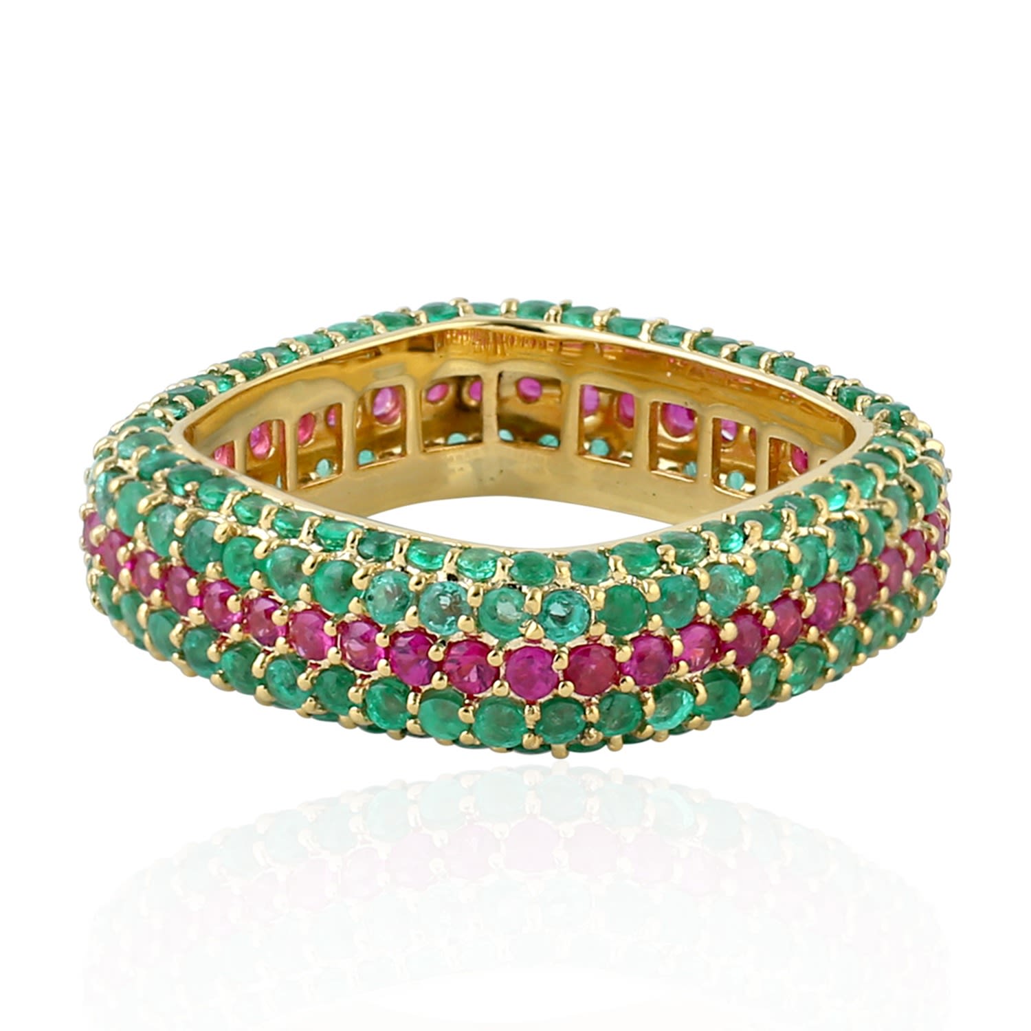 Artisan Women's Green / Gold / Red Emerald And Ruby Gemstone Band Ring In Solid Yellow Gold In Gold