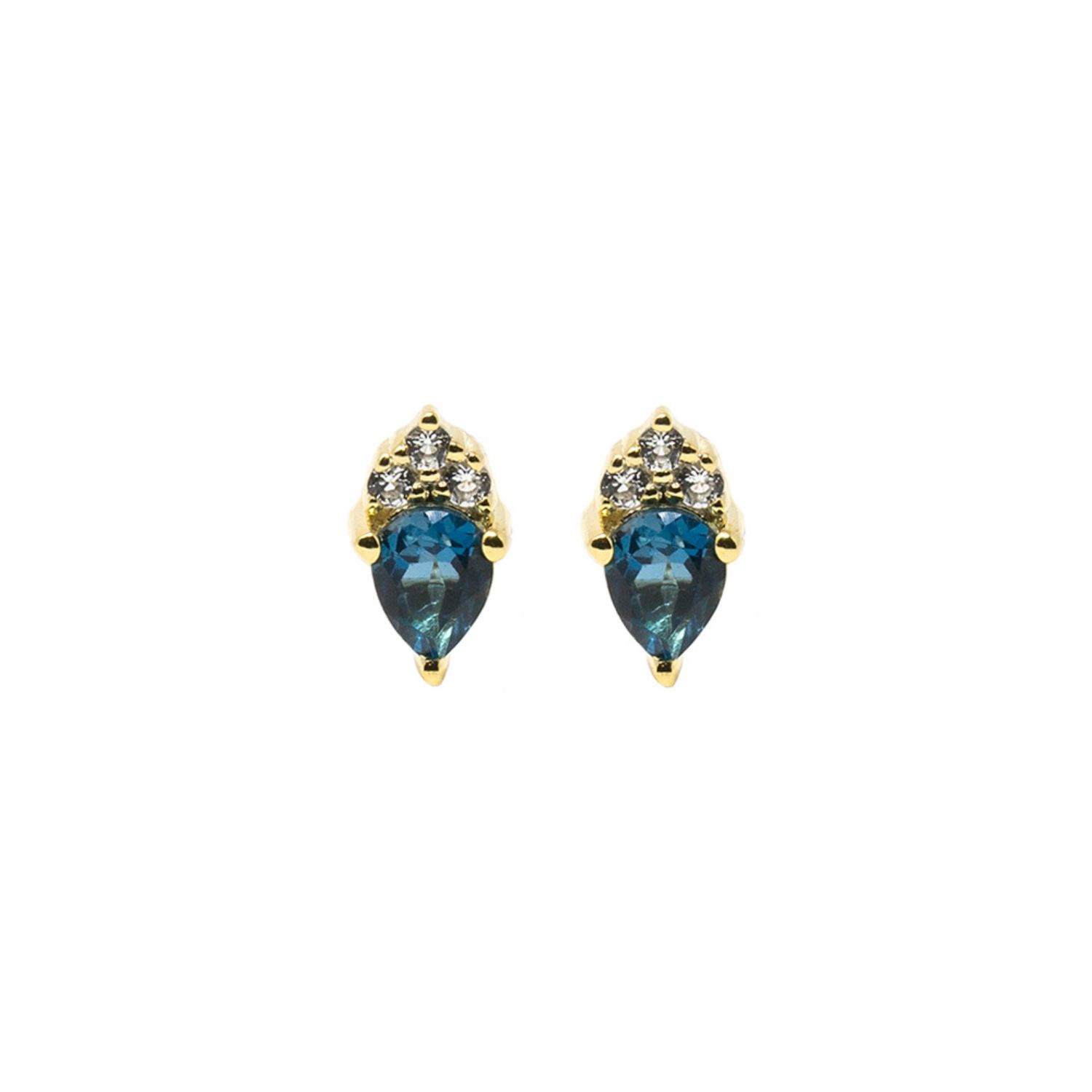 Nasi Silver Women's Pear Drop Atarah Studs- Blue Topaz & White Topaz, Gold In Blue