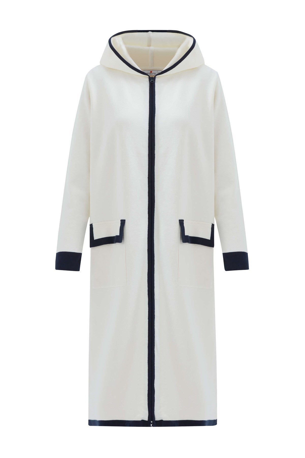 Women’s White Nara Long Cardigan %100 Organic Cotton Hooded In Ecru/Navy S/M Peraluna
