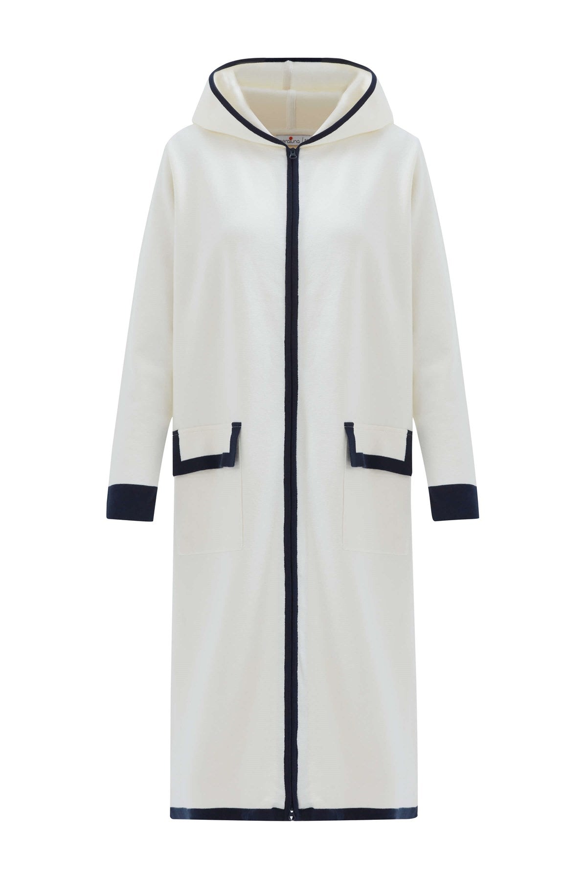 Peraluna Women's White Nara Long Cardigan %100 Organic Cotton Hooded In Ecru/navy In White