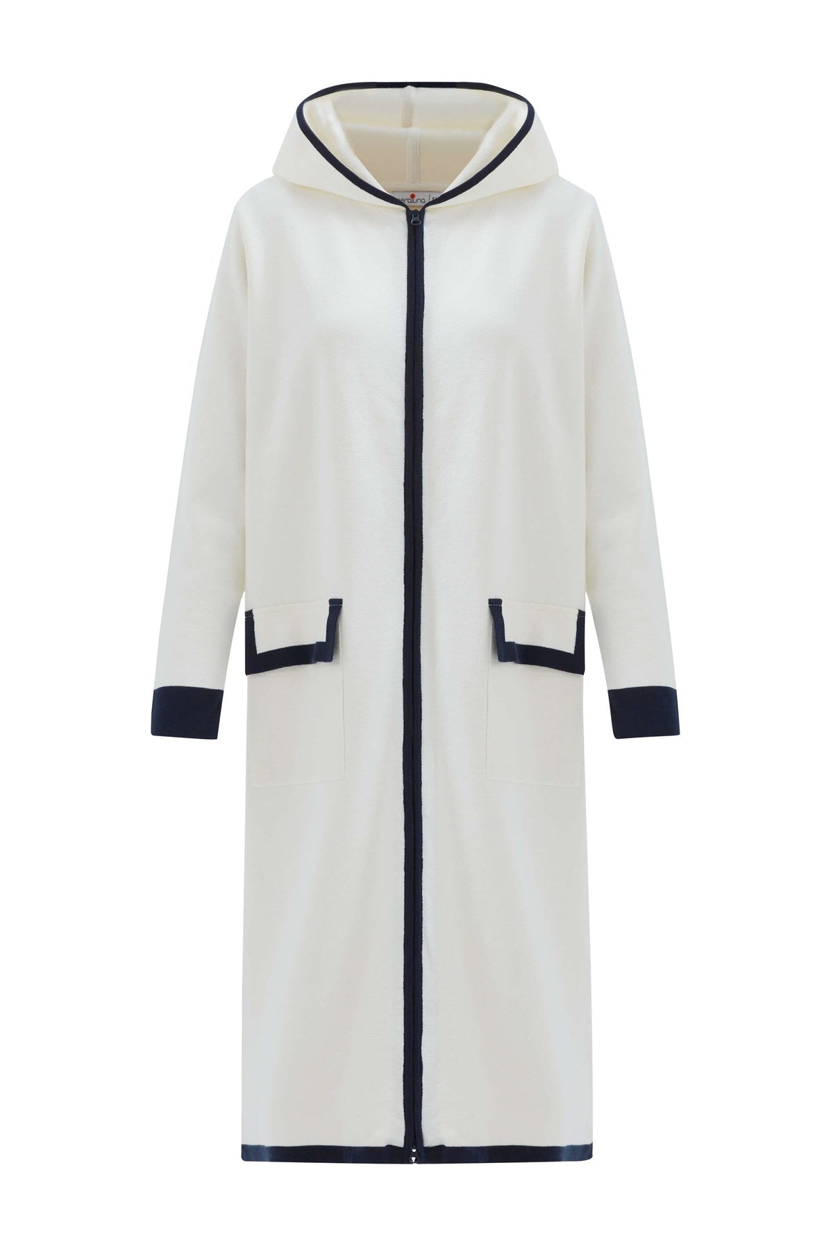 Women’s White Nara Long Cardigan %100 Organic Cotton Hooded In Ecru/Navy L/Xl Peraluna