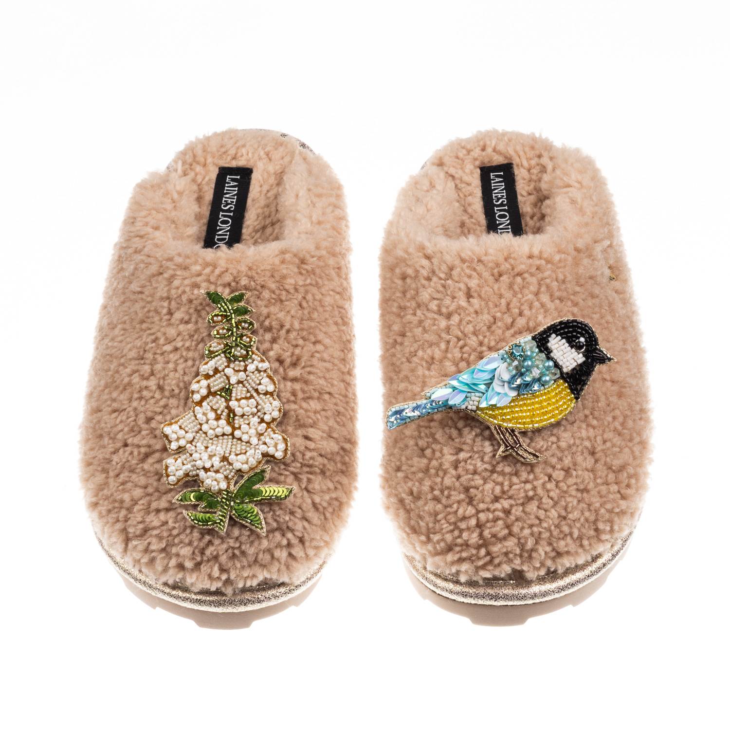 Laines London Women's Brown / Neutrals Teddy Closed Toe Slippers With Blue Tit & White Foxglove Brooches - Toffee In Brown