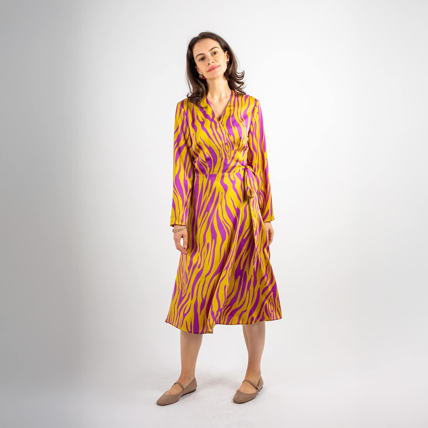 Samantha Wrap Dress, Lime Green & Purple Print | Couture de Marie | Wolf &  Badger