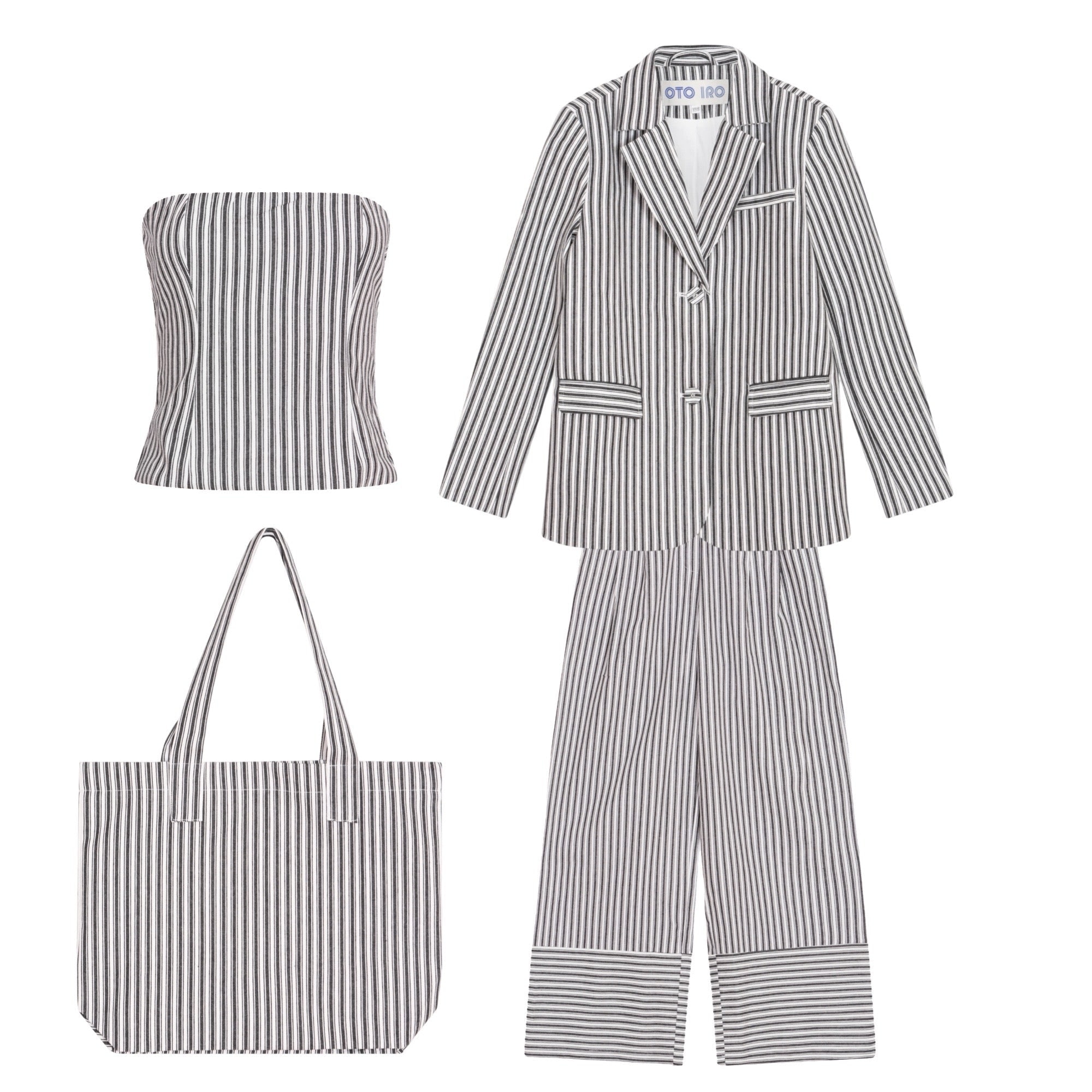 Oto Iro White / Black Black White Striped Blazer Trousers Corset And Tote Bag Four Piece Set In Black/white