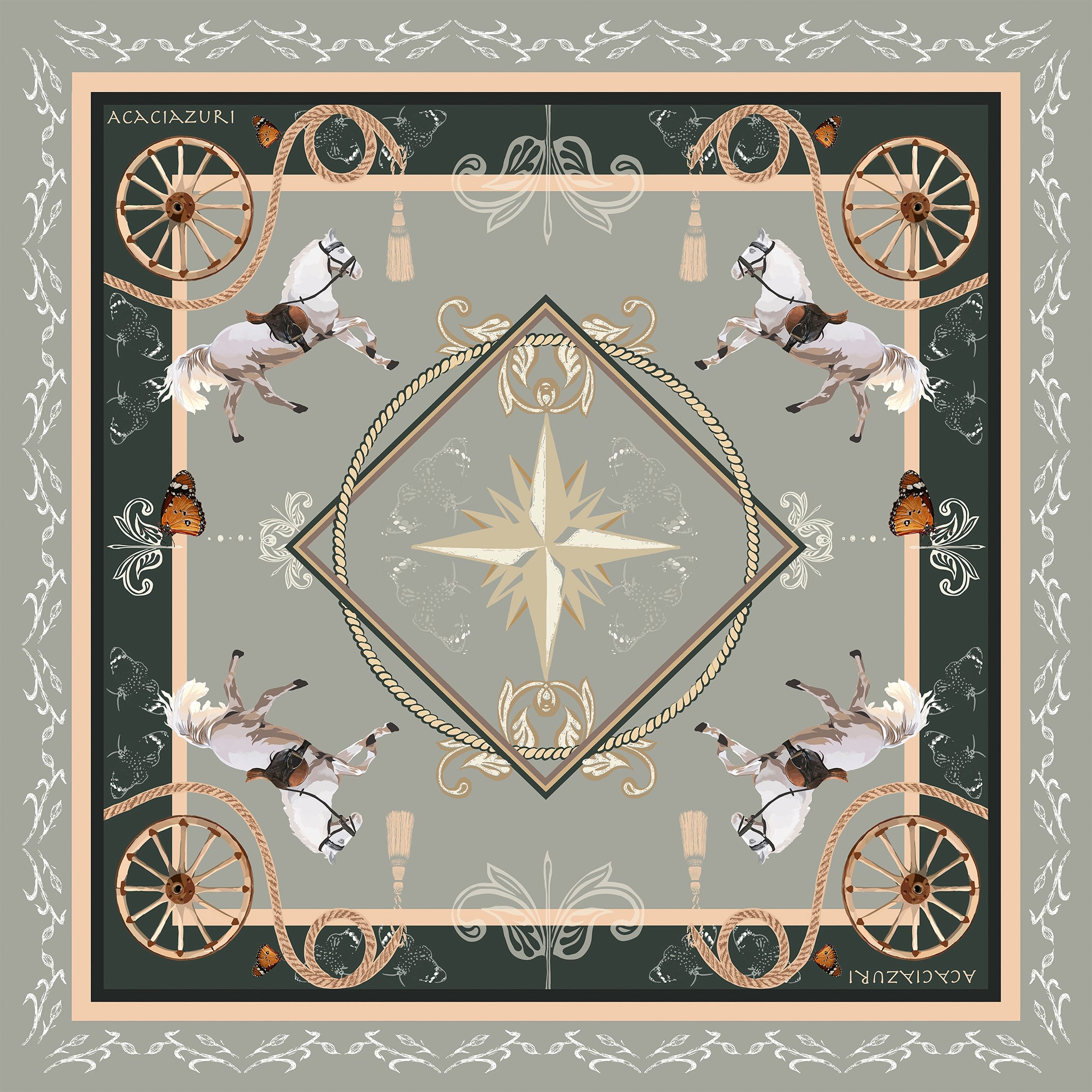 Acaciazuri Women's Neutrals / Green / White The Classic Equestrian Silk Scarf - Sage Green In Multi