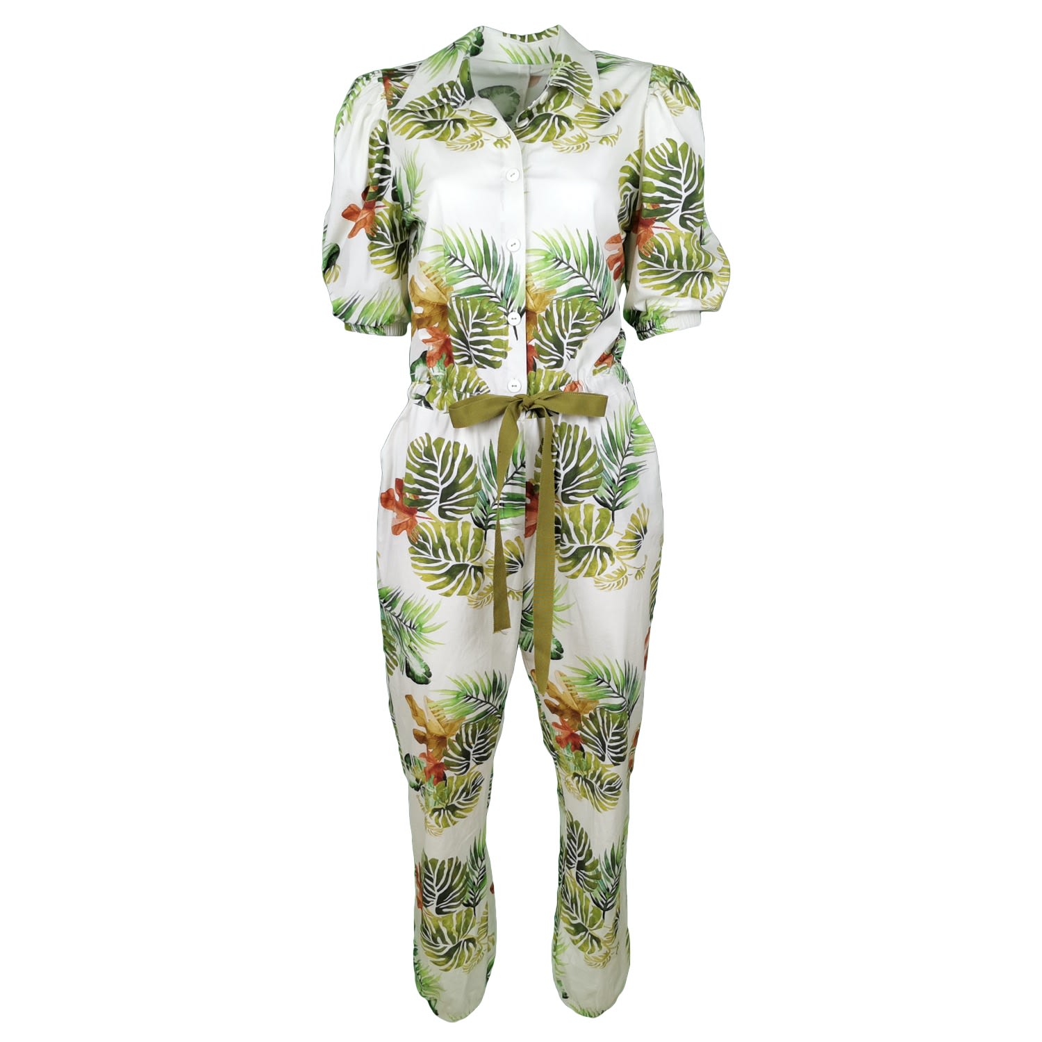 Lalipop Design Women's Neutrals Cotton Jumpsuit With Palm Leaf Print