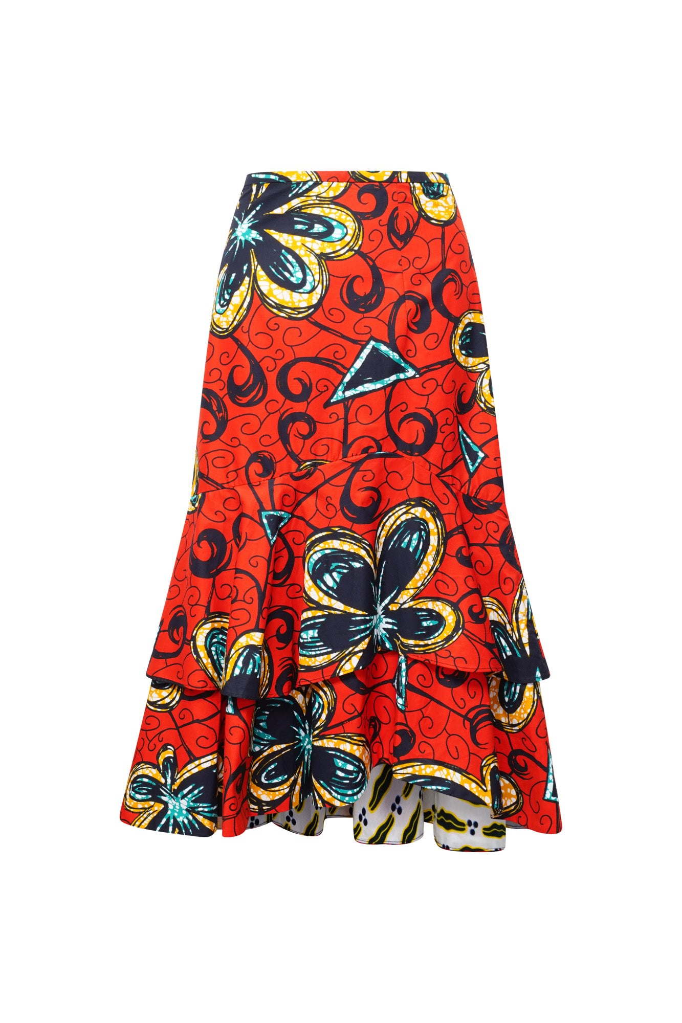 Women’s Yellow / Orange / White Ime Ruffled Asymmetric Midi Skirt - Red Floral Rubies African Ankara Wax Cotton Print Extra Small Oliveankara