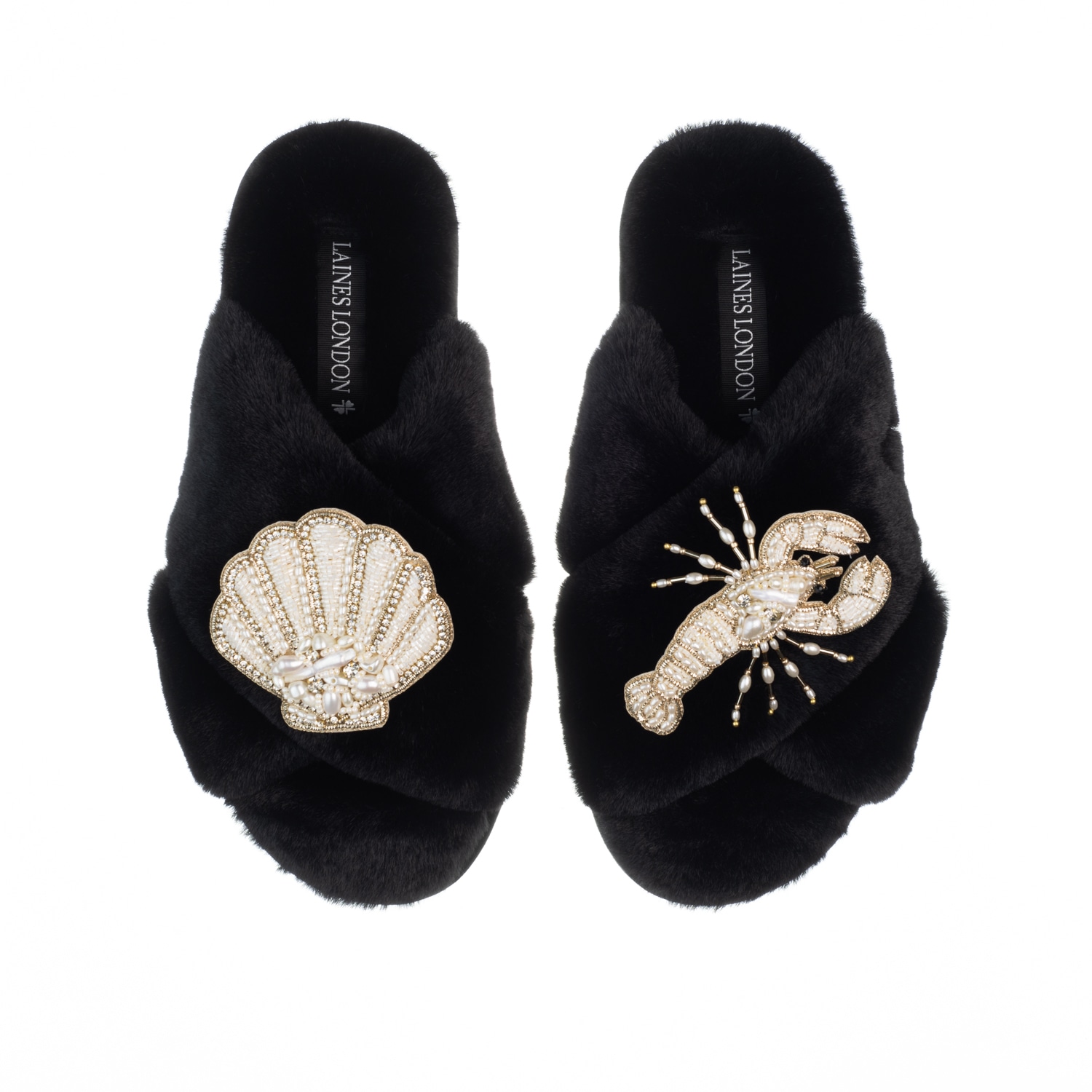 Laines London Women's Classic Laines Slippers With Pearl Beaded Lobster & Shell Brooches - Black In Black