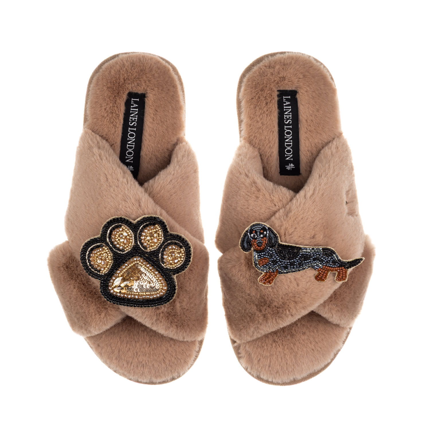 Laines London Women's Brown / Neutrals Classic Laines Slippers With Paw & Dapple Dachshund Brooches - Toffee In Brown