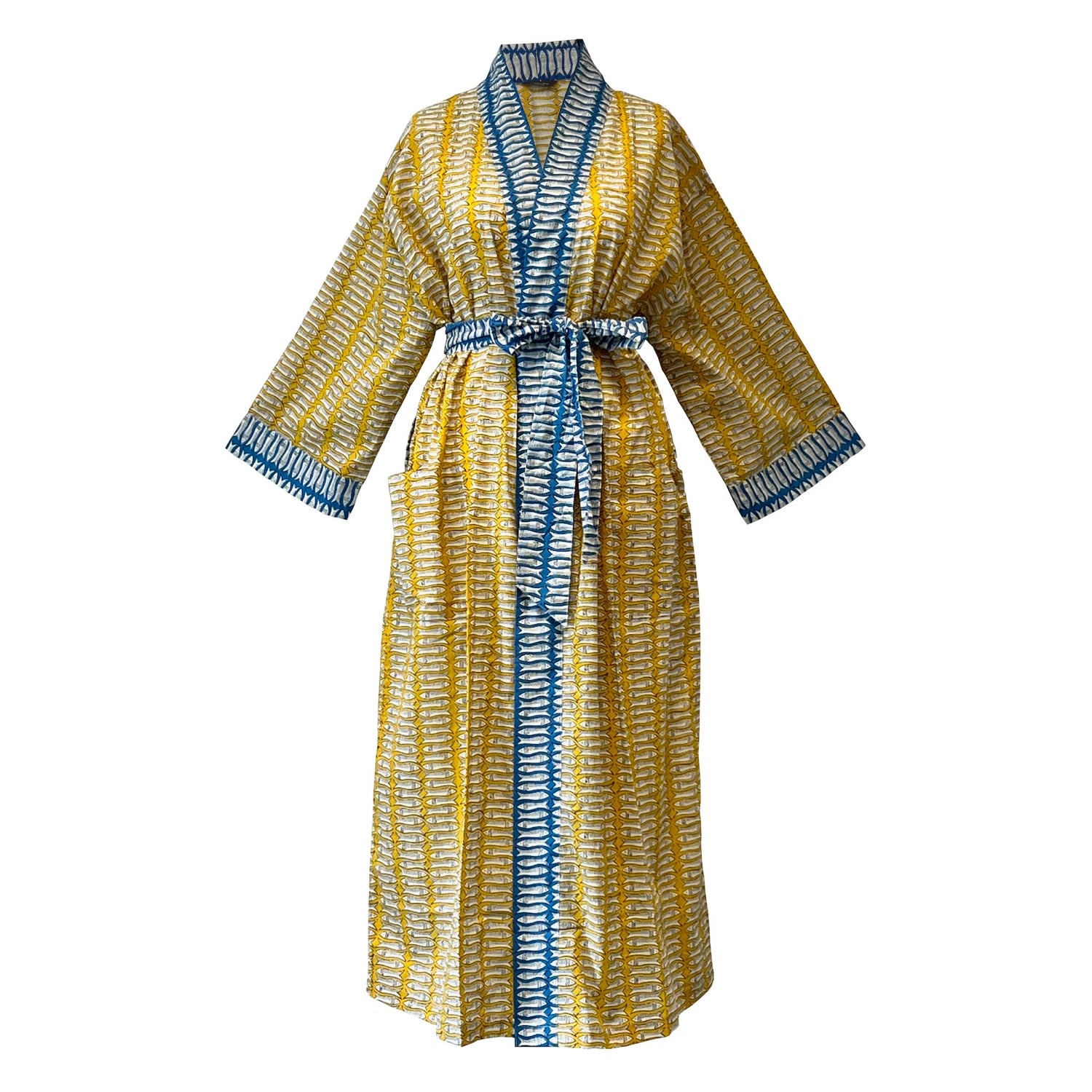 Lime Tree Design Women's Yellow / Orange Ochre And Blue Fish Cotton Full Length Kimono