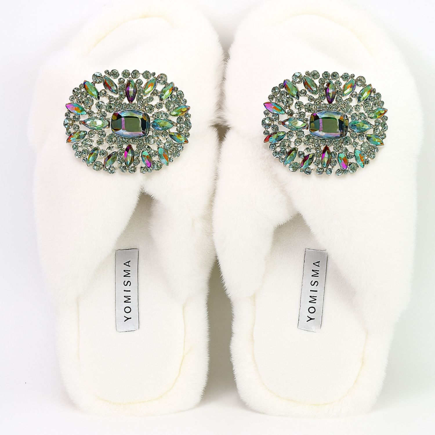 Yomisma Women's Eco Faux Fur Slippers – Recycled Faux Fur + Removable Iridescent Brooch - White