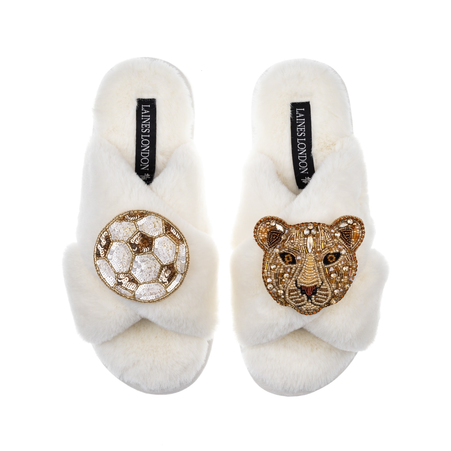 Laines London Women's White Classic Laines Slippers With Football & Lioness Brooches - Cream In Neutral