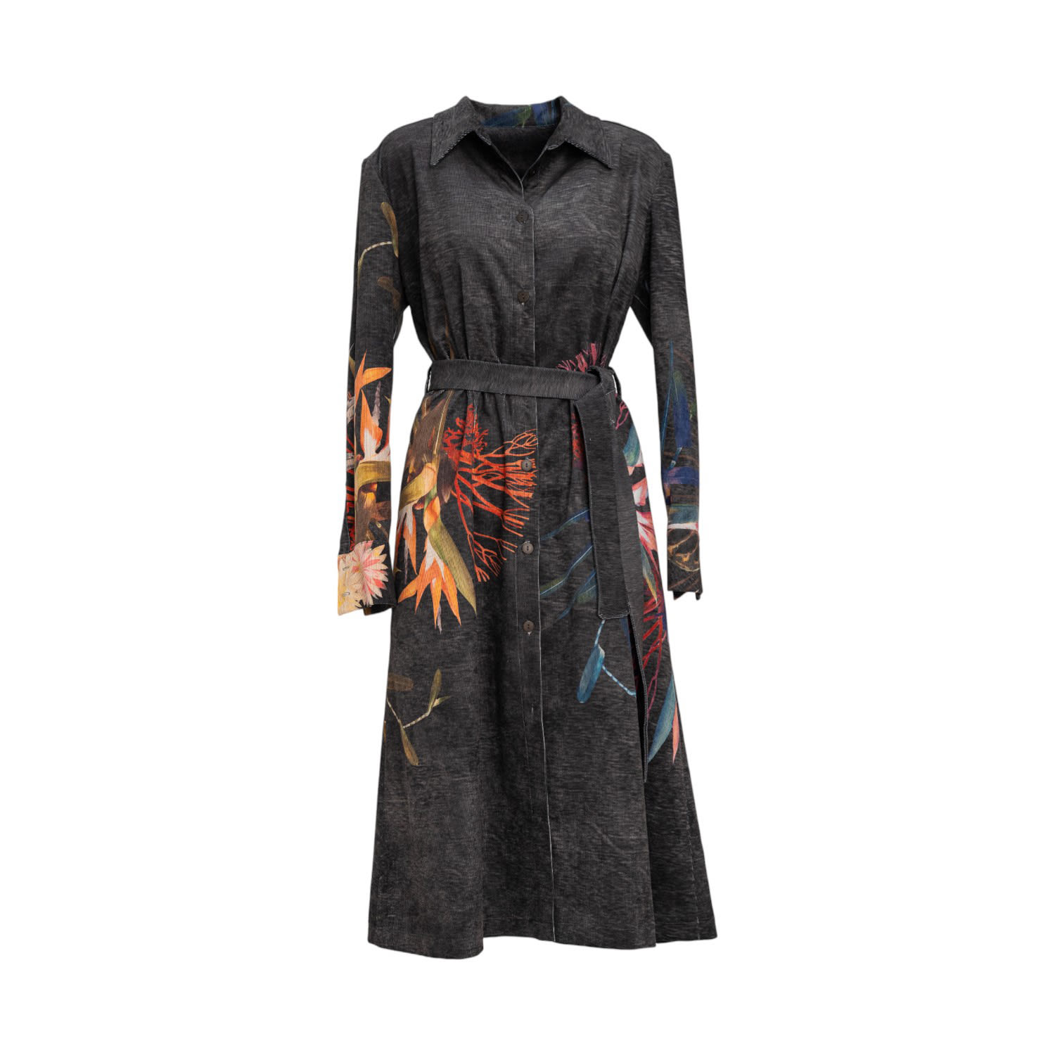 Artista Women's Beauty Washed Black Corduroy Floral Printed Shirt Dress In Black