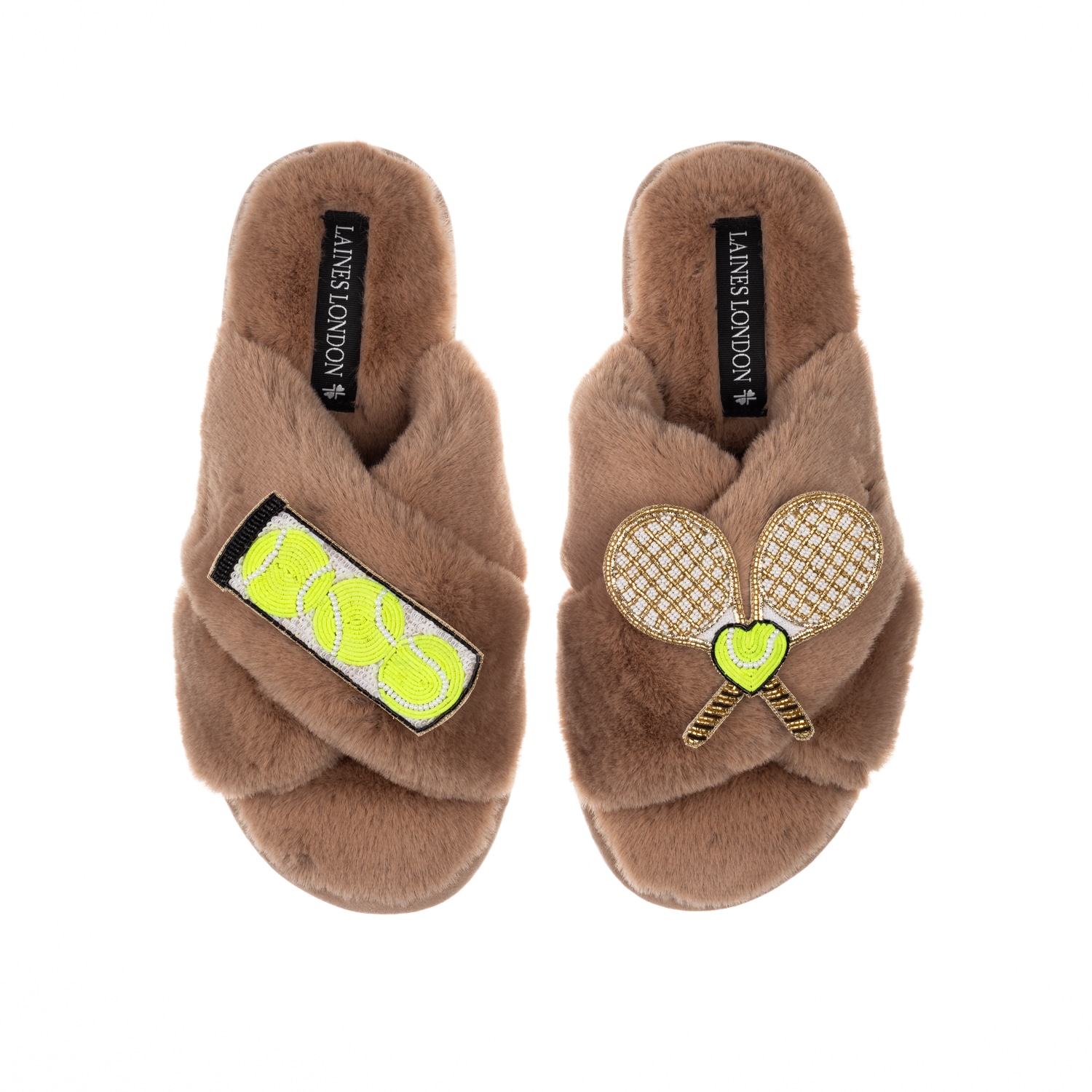 Women's Brown / Neutrals Classic Laines Slippers With Tennis Lover Brooches - Toffee | Large | Laines London