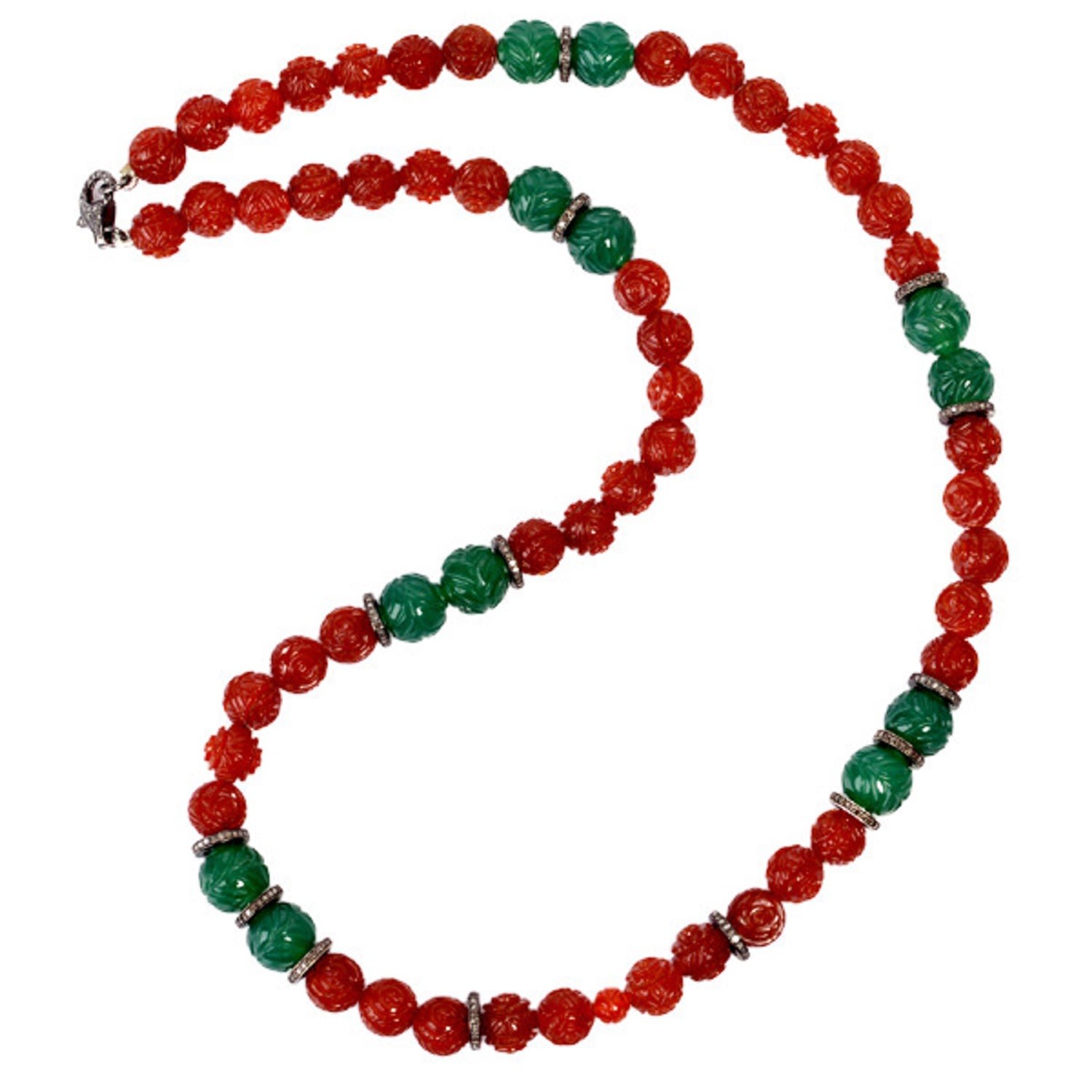 Women’s Yellow / Orange / Green Onyx & Agate Pave Diamond Carving Beaded Necklace In 925 Sterling Silver Jewelry Artisan
