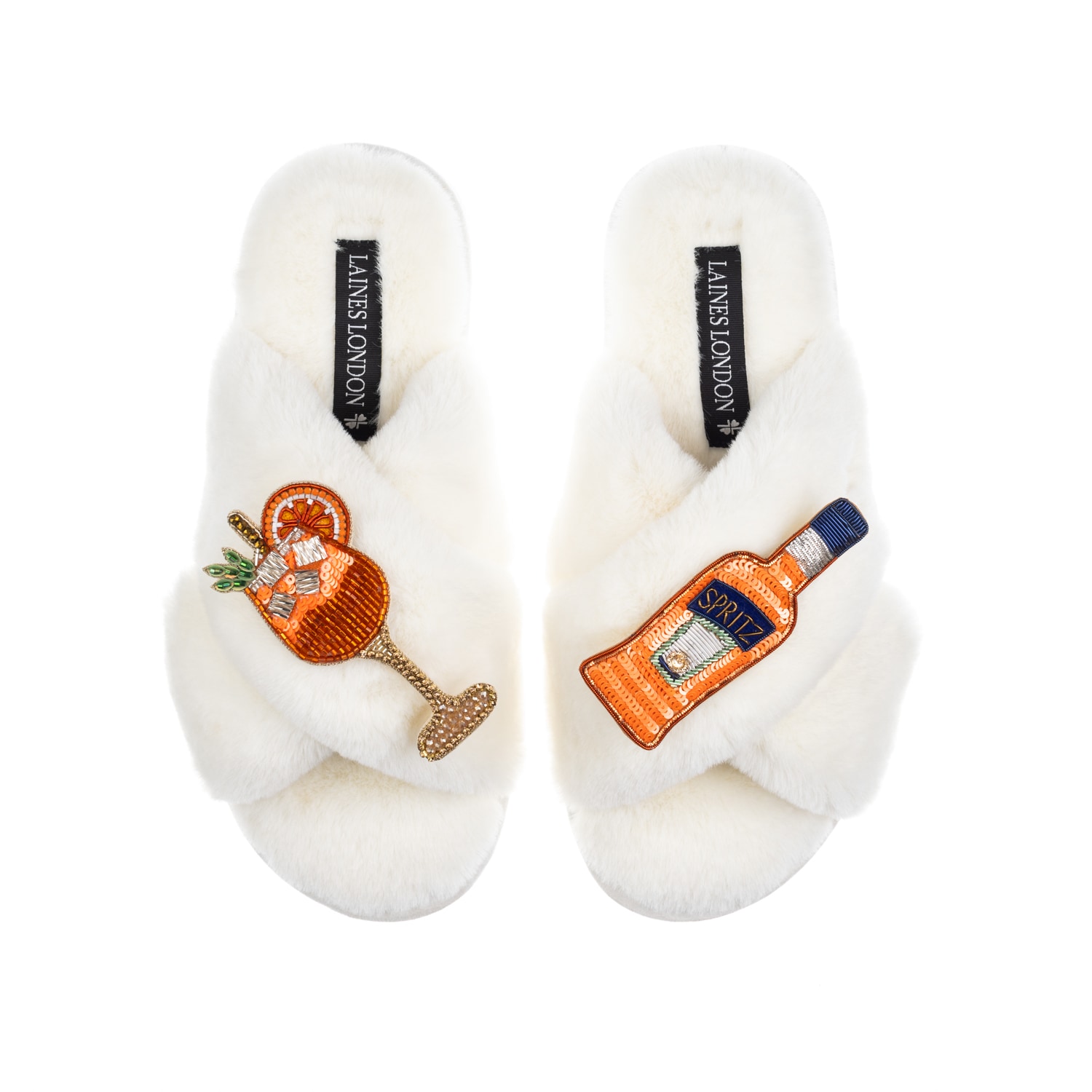 Women's White Classic Laines Slippers With Summer Spritzer Brooches - Cream | Large | Laines London
