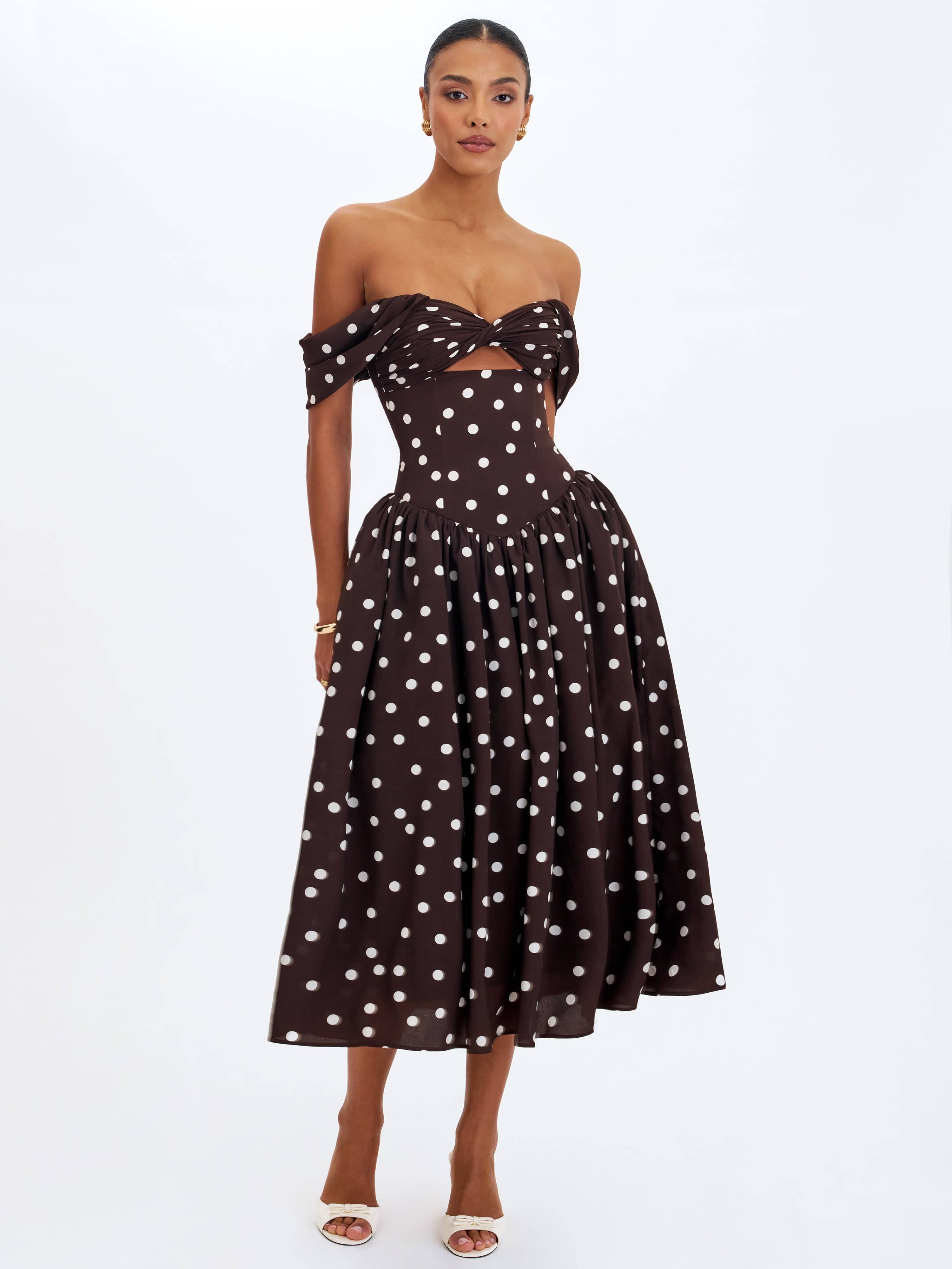 Xandie Mocha Polka Dot Off-Shoulder Midi Dress | Miss Circle New