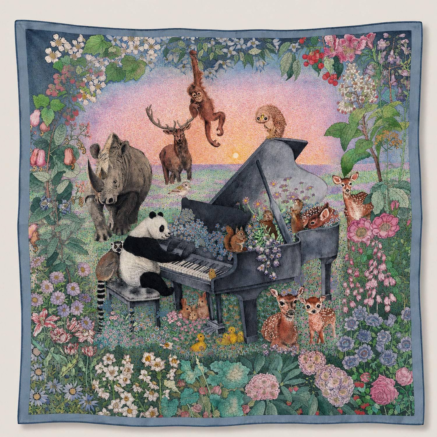 Women’s Green / Blue / Pink Wenzi Heavyweight Double-Sided Hand Painted Pattern Mulberry Silk Twill Scarf, Panda Piano