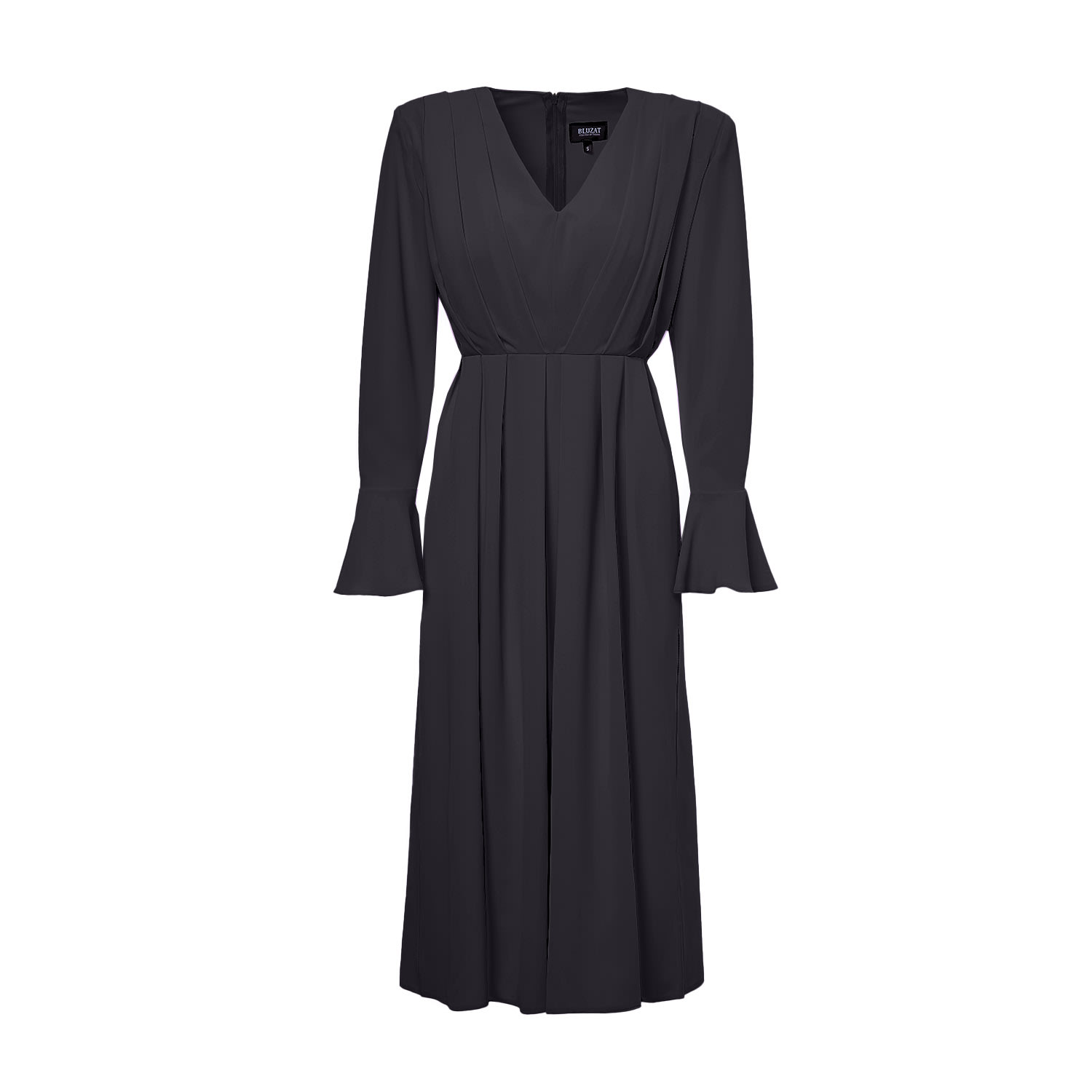 Bluzat Women's Black Midi Dress With Pleats And Proeminent Shoulders In Black