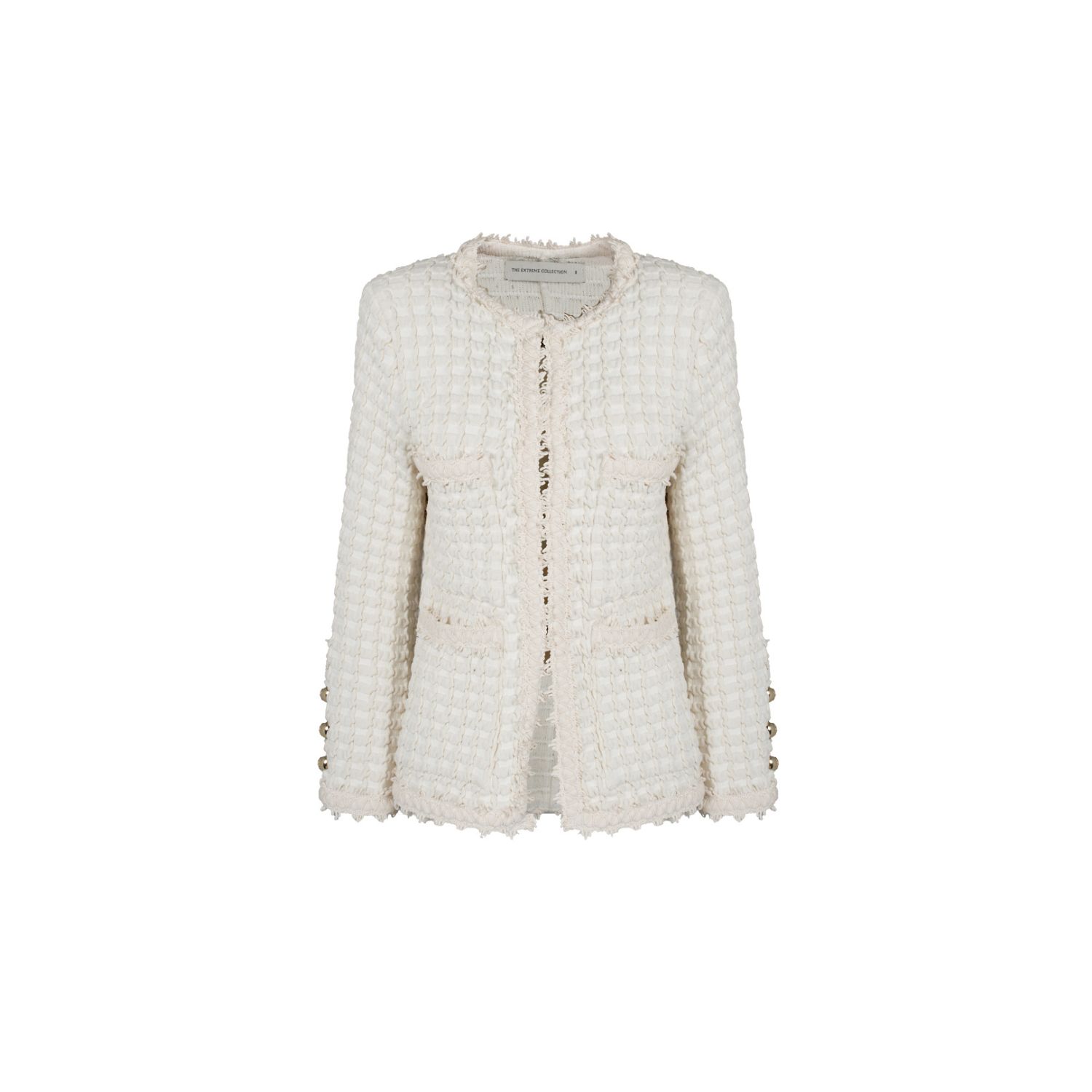 The Extreme Collection Women's White Tweed Cotton Blend Short Jacket With Trimmings Francesca In White