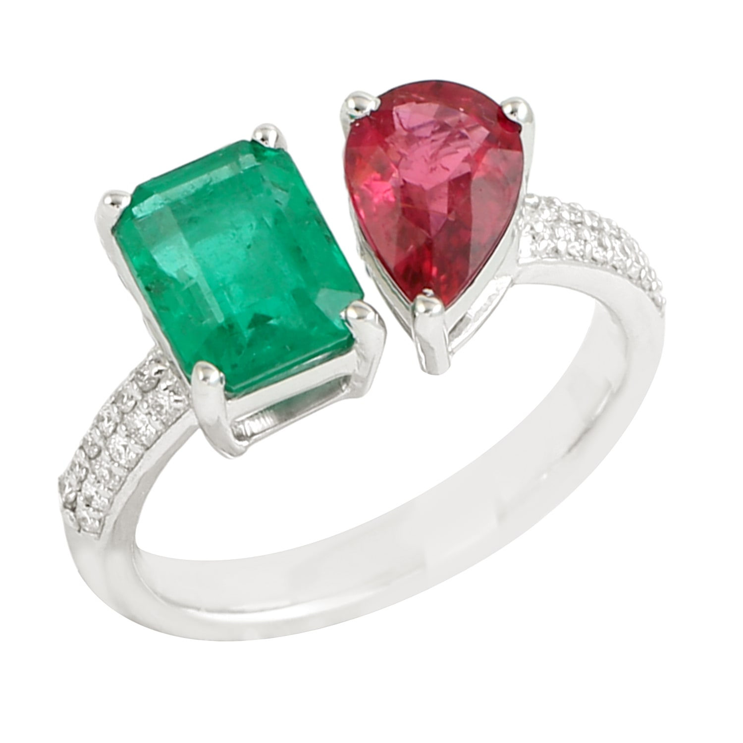Artisan Women's Red / White / Green Emerald & Ruby Gemstone Pave Diamond Bypass Ring In White Gold