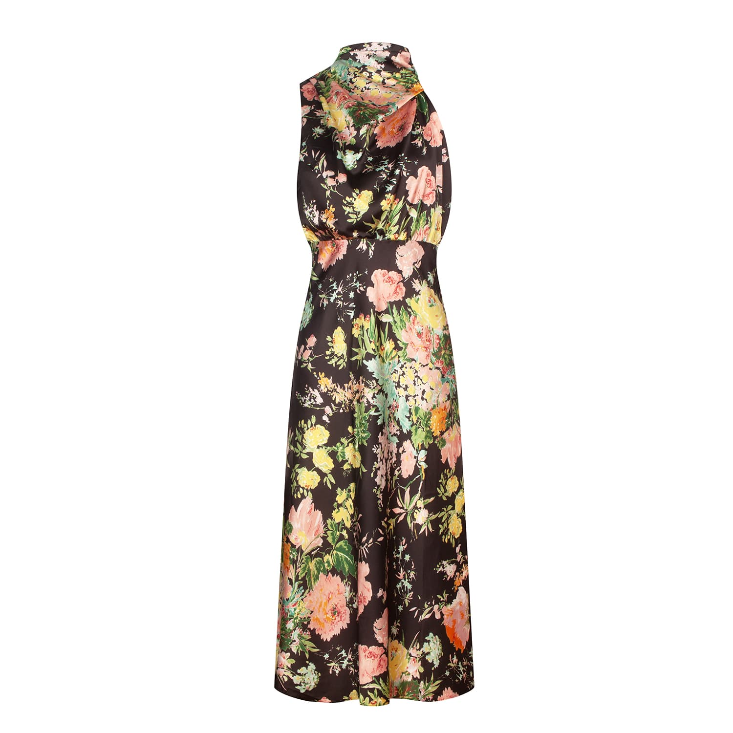 Ruched Asymmetric High Neck Satin Midi Dress _ Black | Urban Touch | Wolf &  Badger