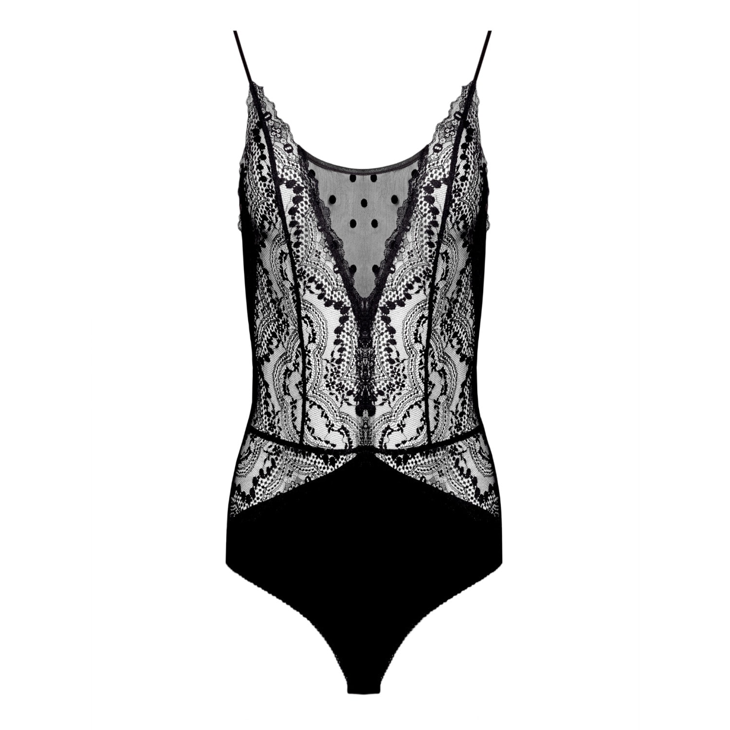 Women’s Black French Leavers Lace - Bodysuit - Polka Dot Mesh Small Oh!Zuza Night & Day