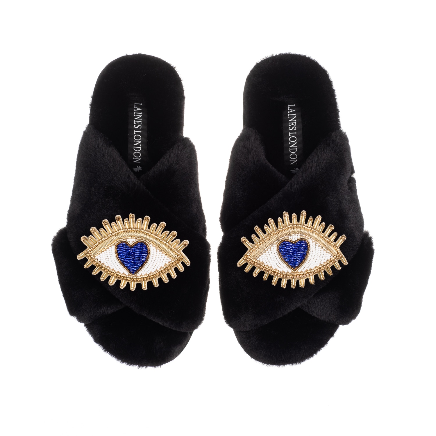 Laines London Women's Classic Laines Slippers With Double Blue Love Eye Brooches - Black In Black