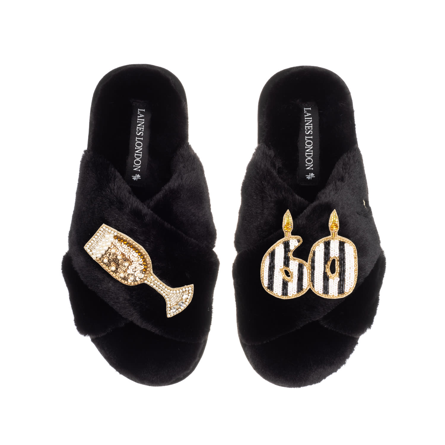 Laines London Women's Classic Laines Slippers With Stripe 60th Birthday & Glass Of Champagne Brooches - Black In Black