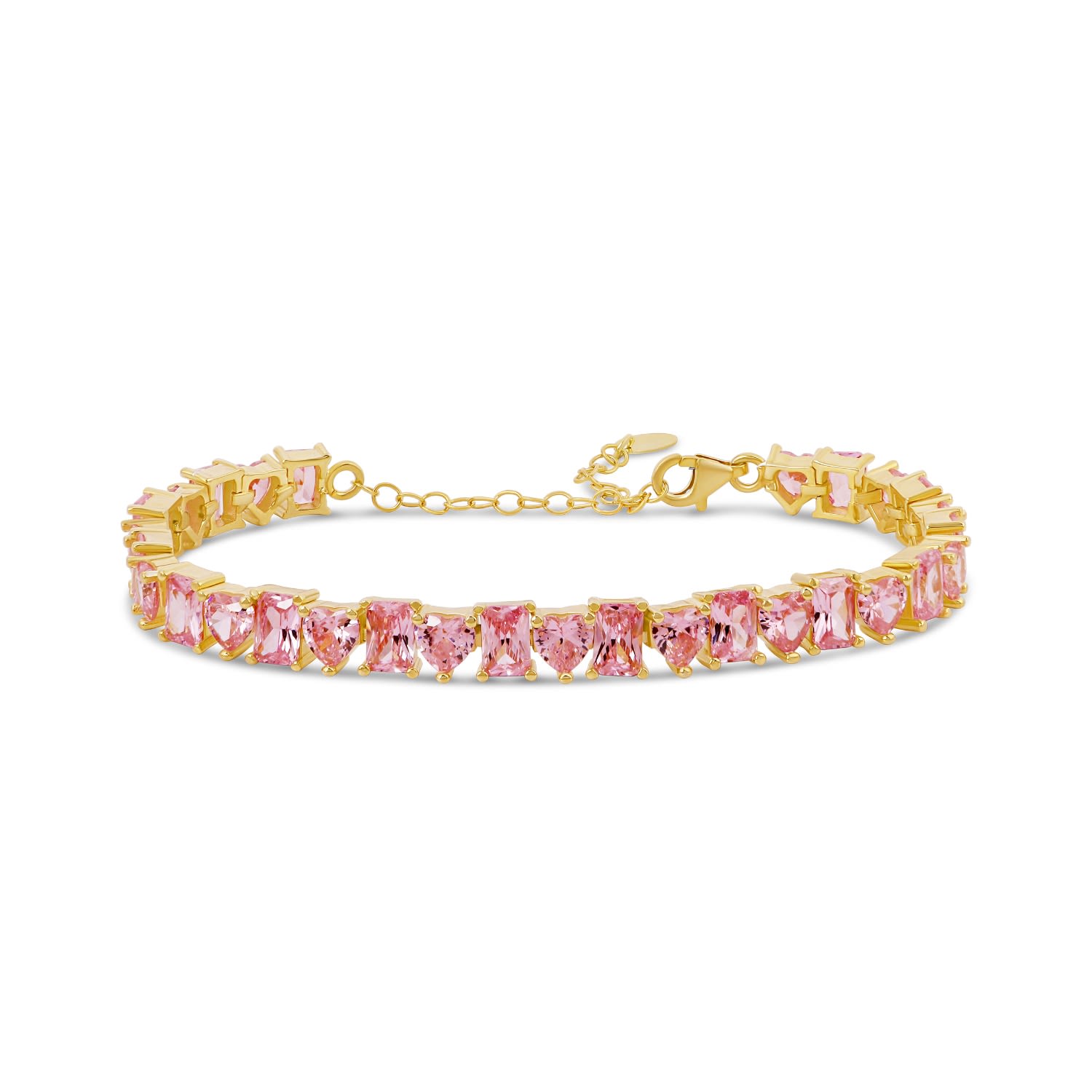 Shymi Women's Gold / Pink Heart And Emerald Shape Tennis Bracelet - Pink In Gold/pink