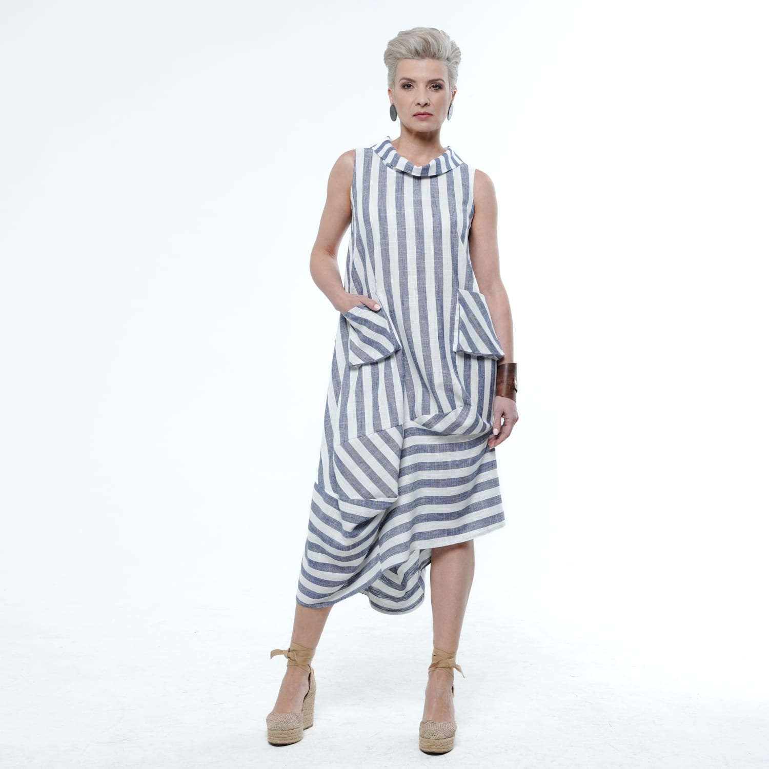 Asymmetrical Striped Dress With Side Pockets | Metamorphoza