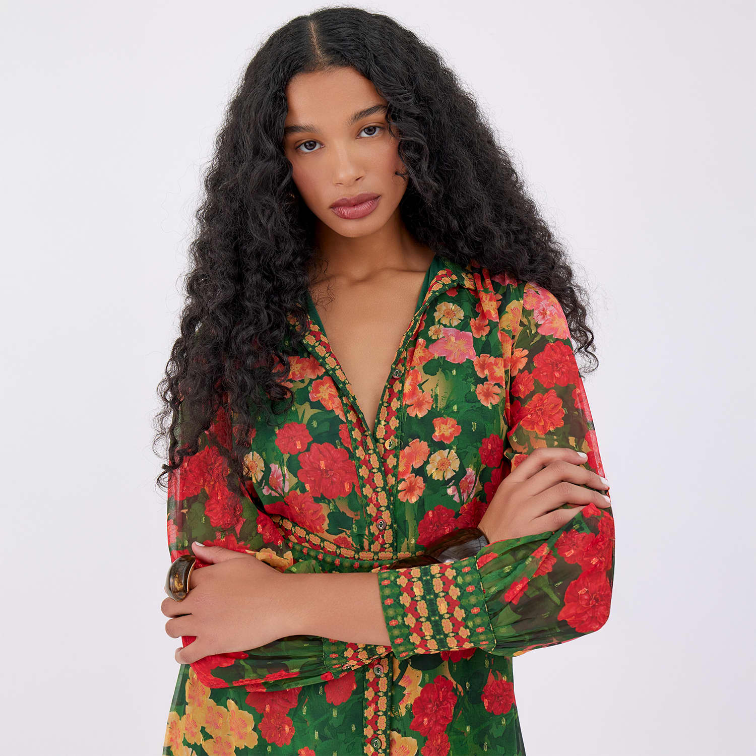 Olive Floral Long Sleeve Belted Shirt Midi Dress In Dark Orange & Green  Dress | Raishma | Wolf & Badger