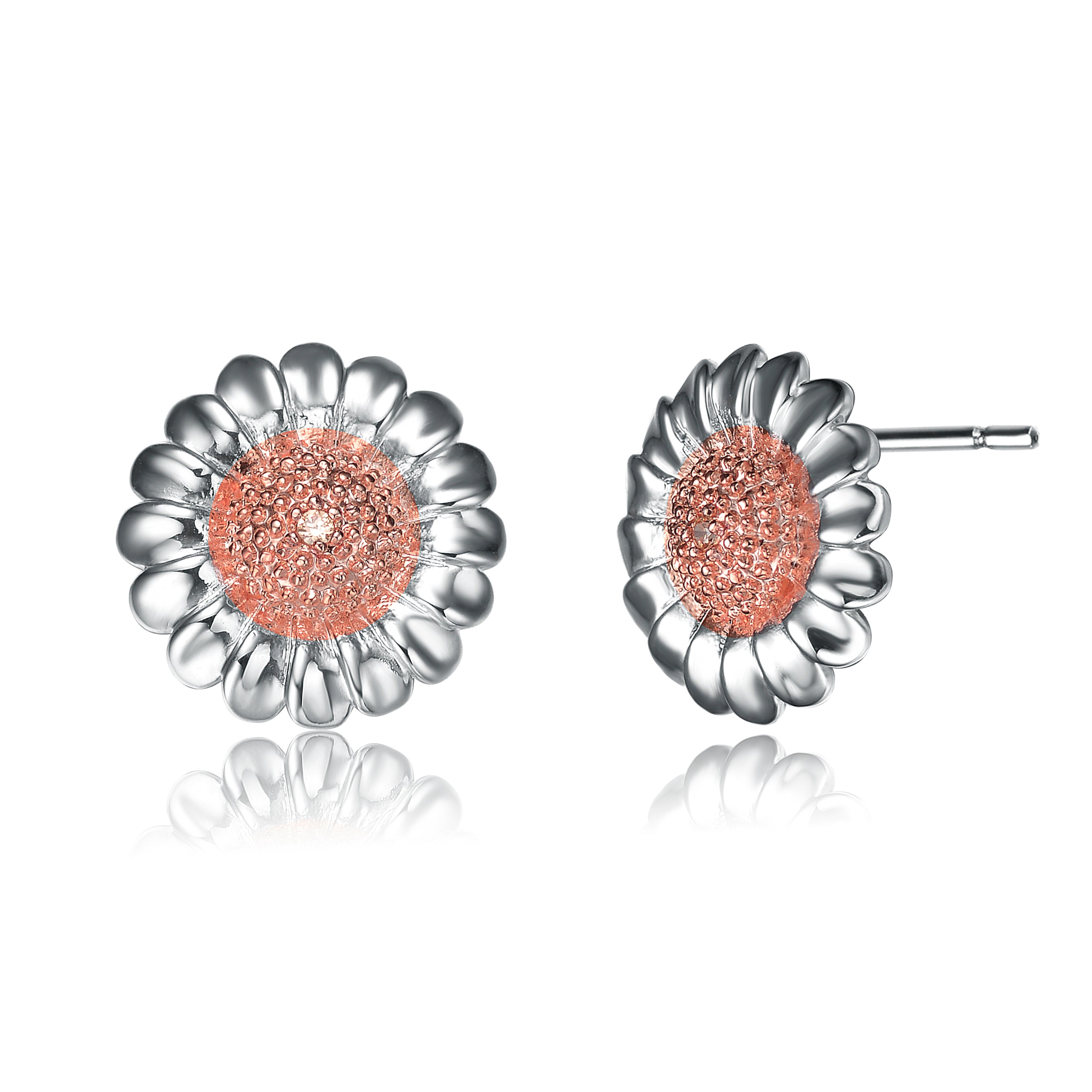 Women’s Rose Gold / Silver Sterling Silver Cubic Zirconia Two Tone Sunflower Earrings Genevive Jewelry