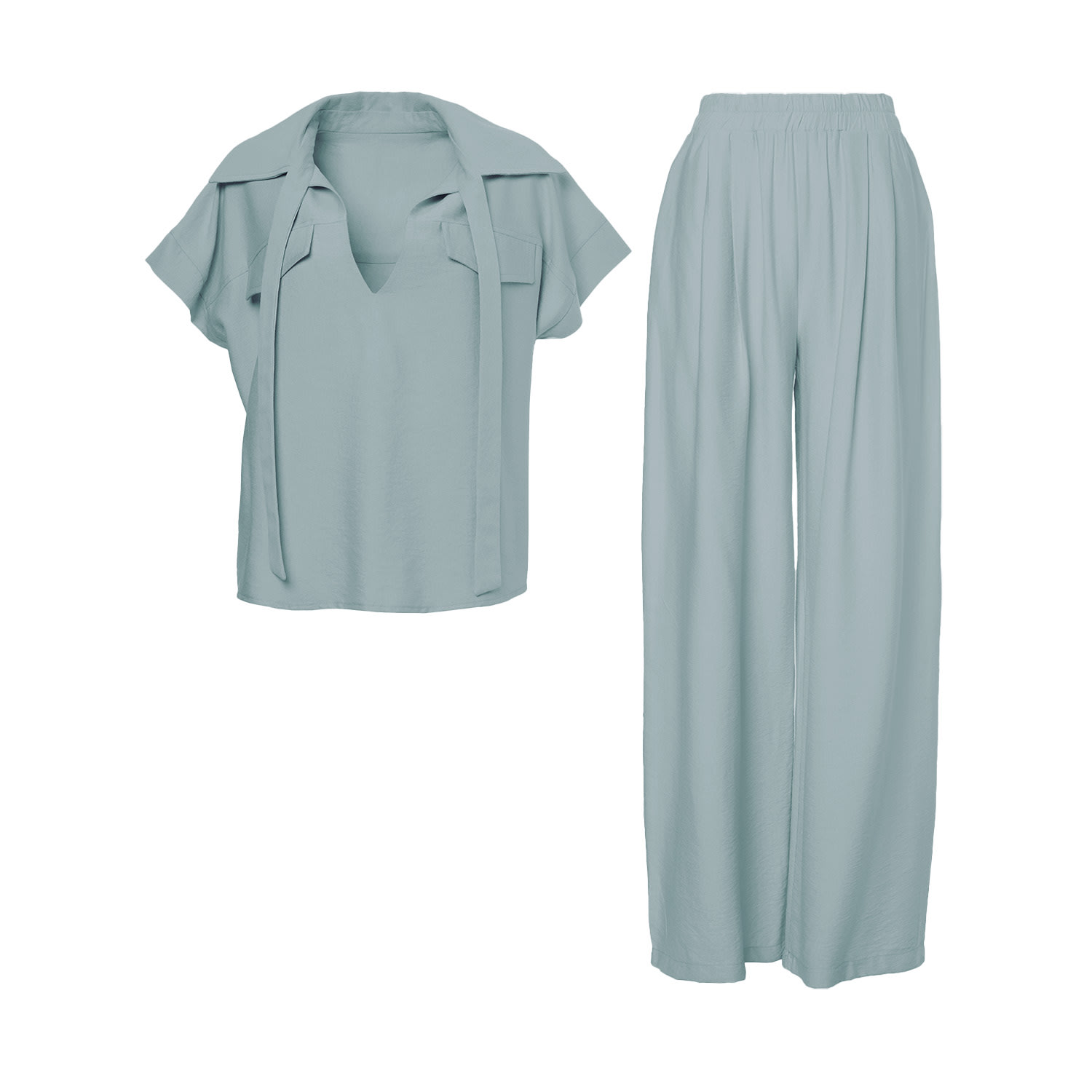 Bluzat Green Mint Linen Matching Set With Shirt With Pockets And Wide Leg Trousers In Green