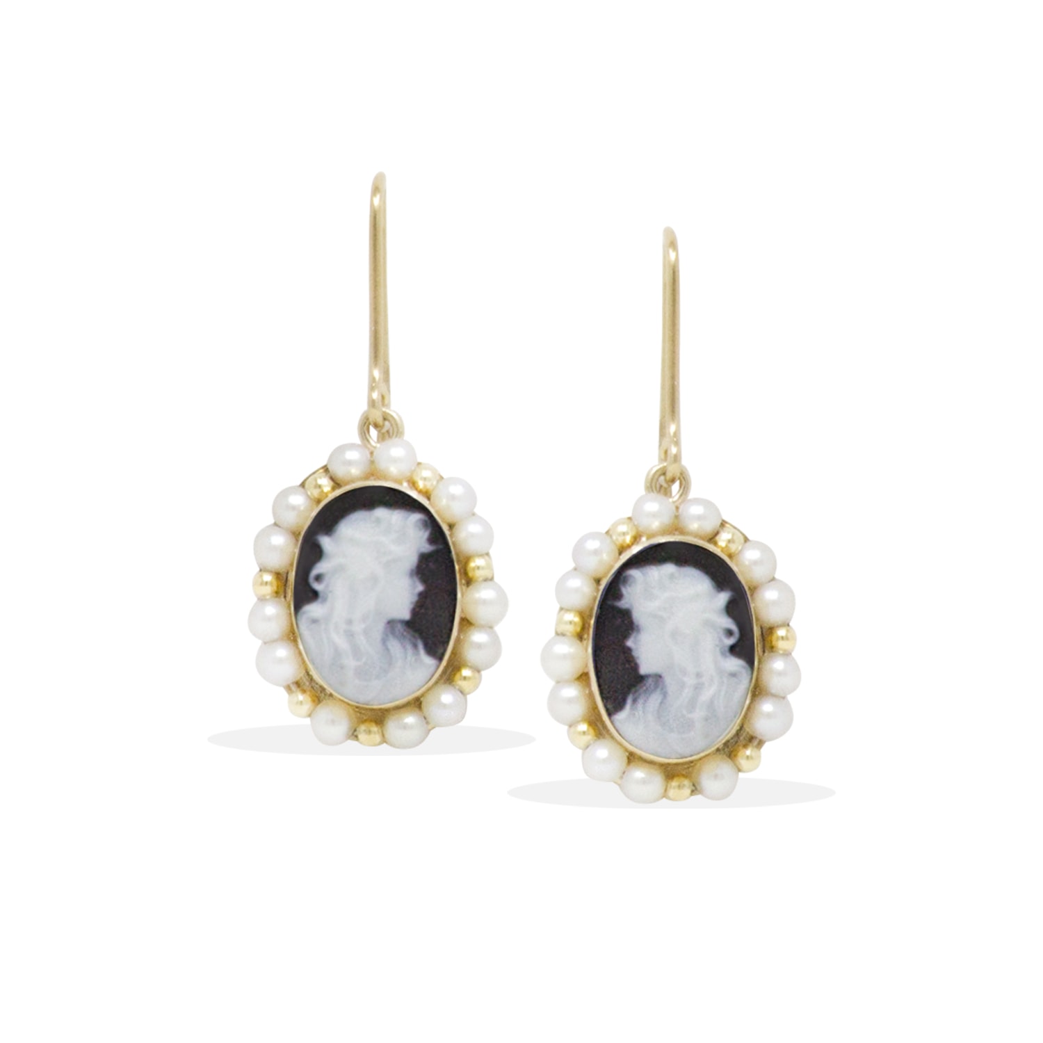Women&rsquo;s Black / Gold / White Cecilia Solid Gold Black Cameo And Pearl Earrings | Vintouch Italy