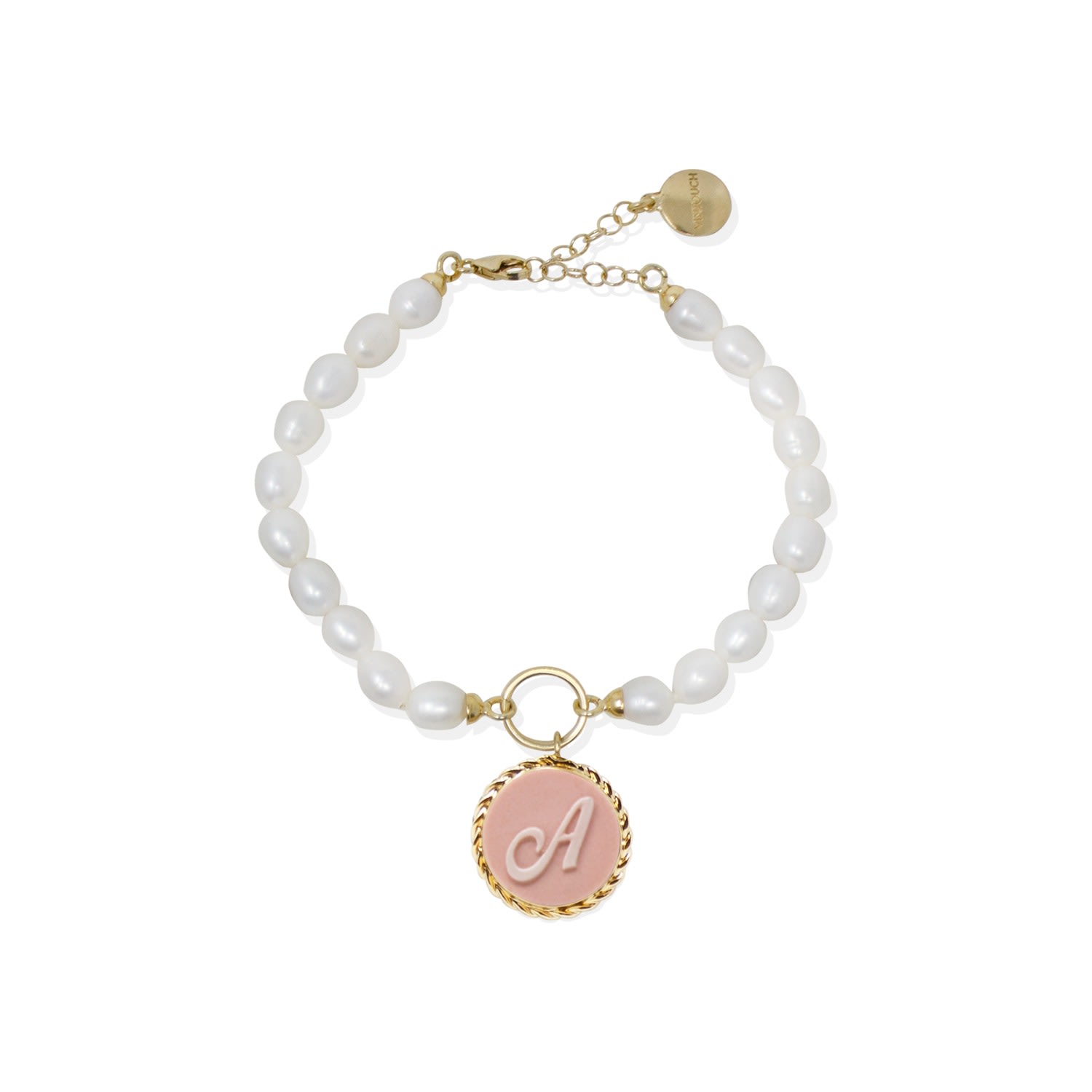 Women’s White / Gold / Pink Gold Vermeil Pink Cameo Initial Pearl Bracelet Vintouch Italy